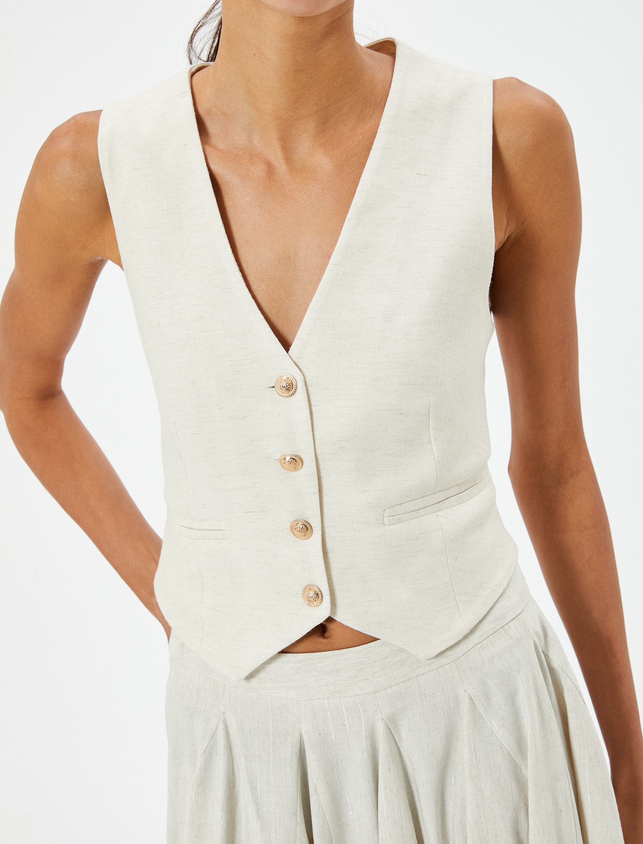   Keten Karışımlı Yelek Astarlı V Yaka Gold Düğmeli