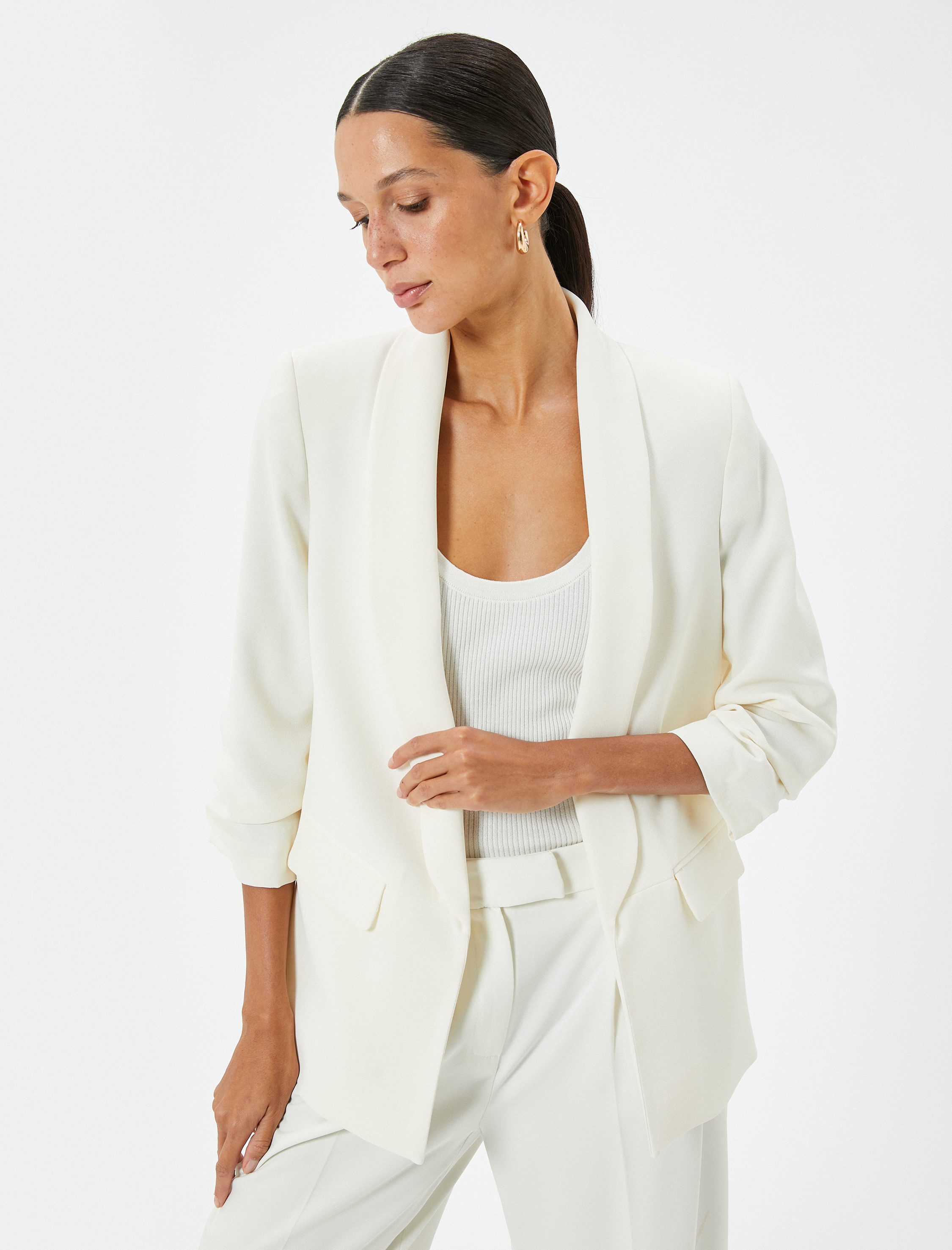   Kruvaze Blazer Ceket 3/4 Kol Kapaklı Çift Cep Krep Kumaş