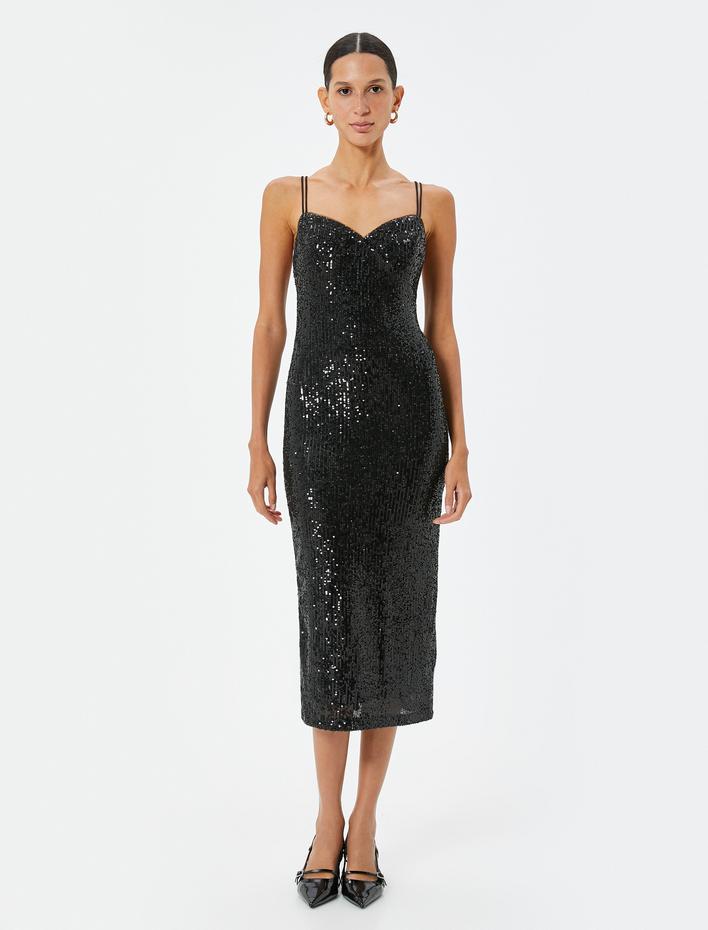  Pullu Payetli Slip Abiye Elbise Midi Askılı Kalp Yaka Yırtmaç Detaylı