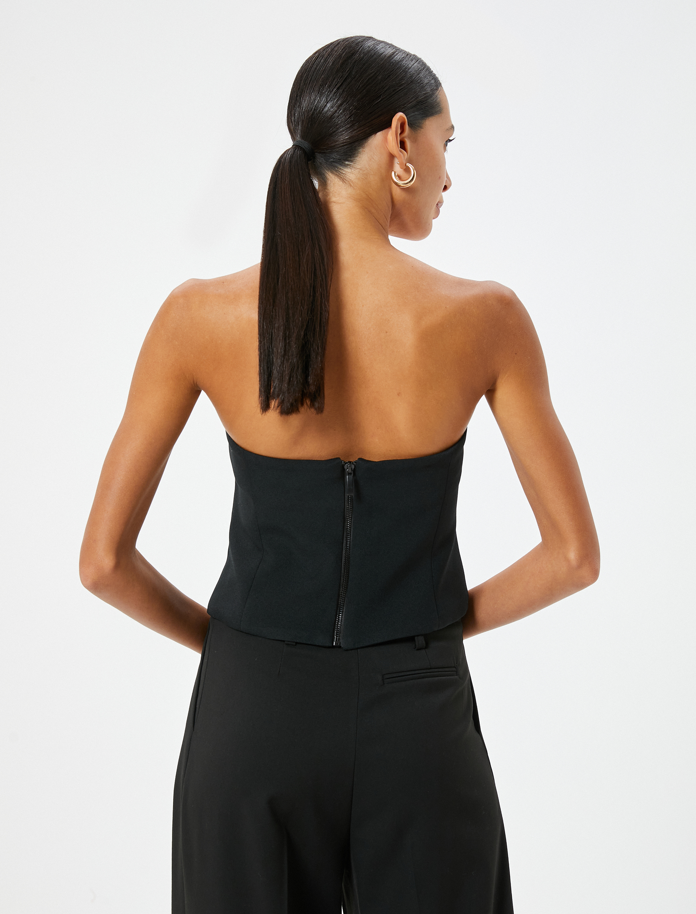   Crop Straplez Üst Arkası Fermuar Kapamalı Slim Fit