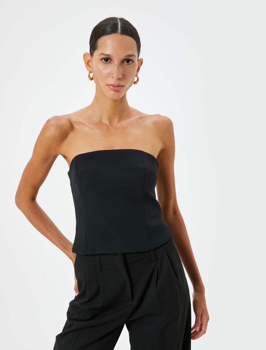   Crop Straplez Üst Arkası Fermuar Kapamalı Slim Fit