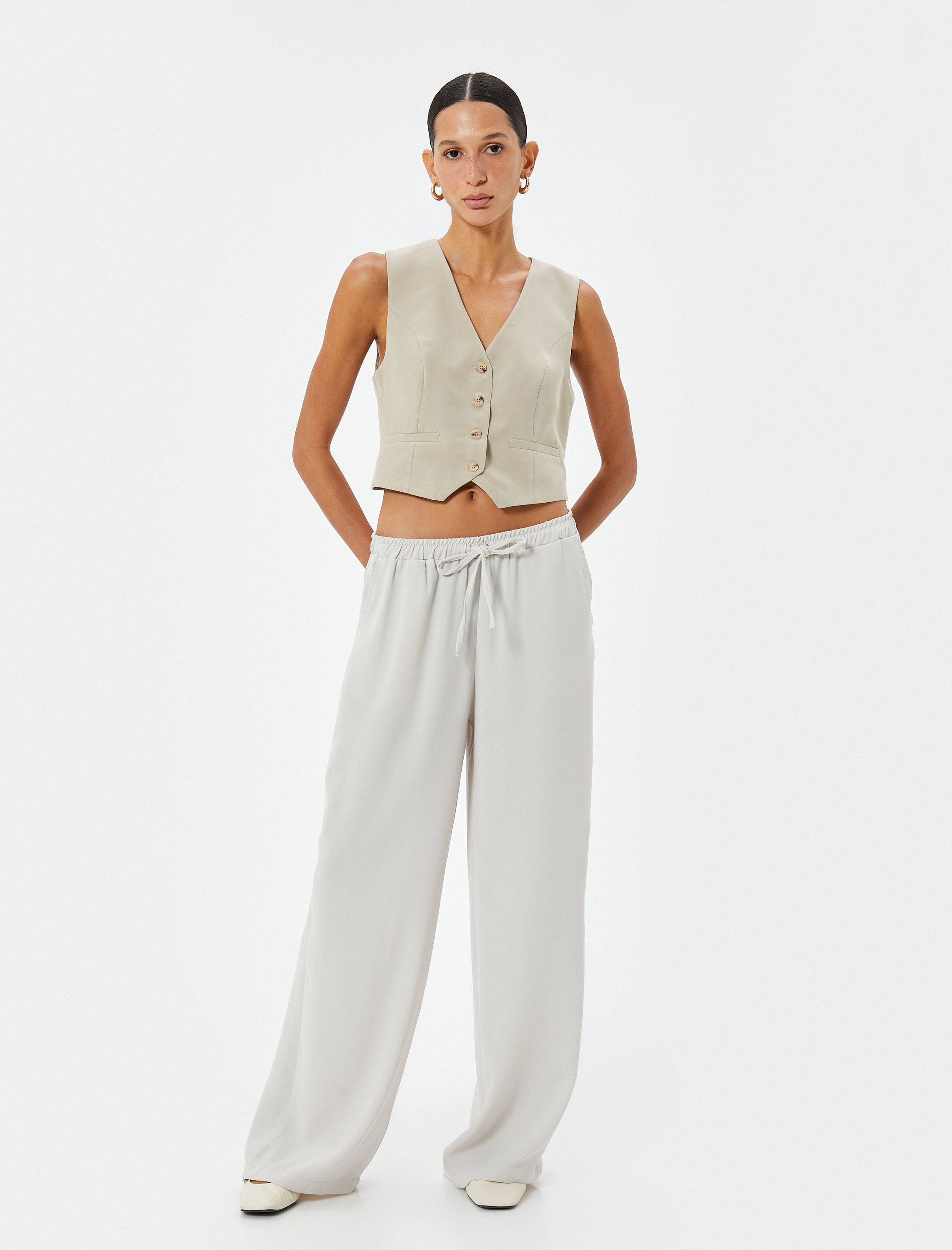   Geniş Paça Pantolon Yüksek Bel Rahat Kalıp Beli Bağlamalı Cepli