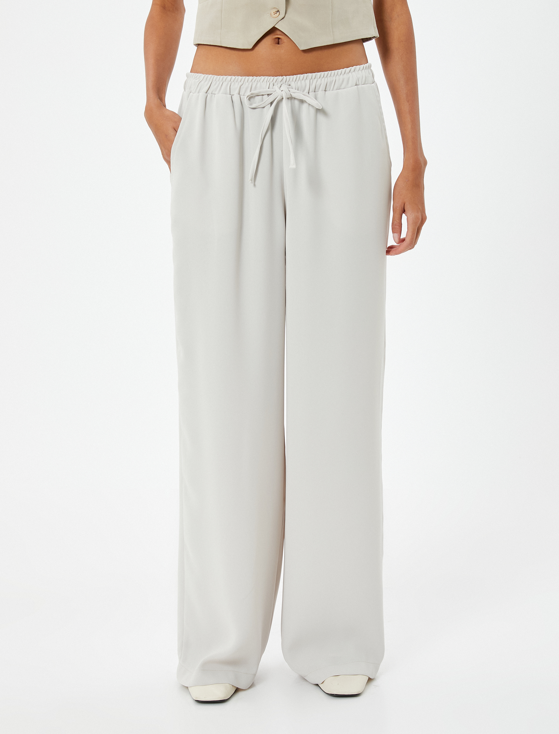   Geniş Paça Pantolon Yüksek Bel Rahat Kalıp Beli Bağlamalı Cepli