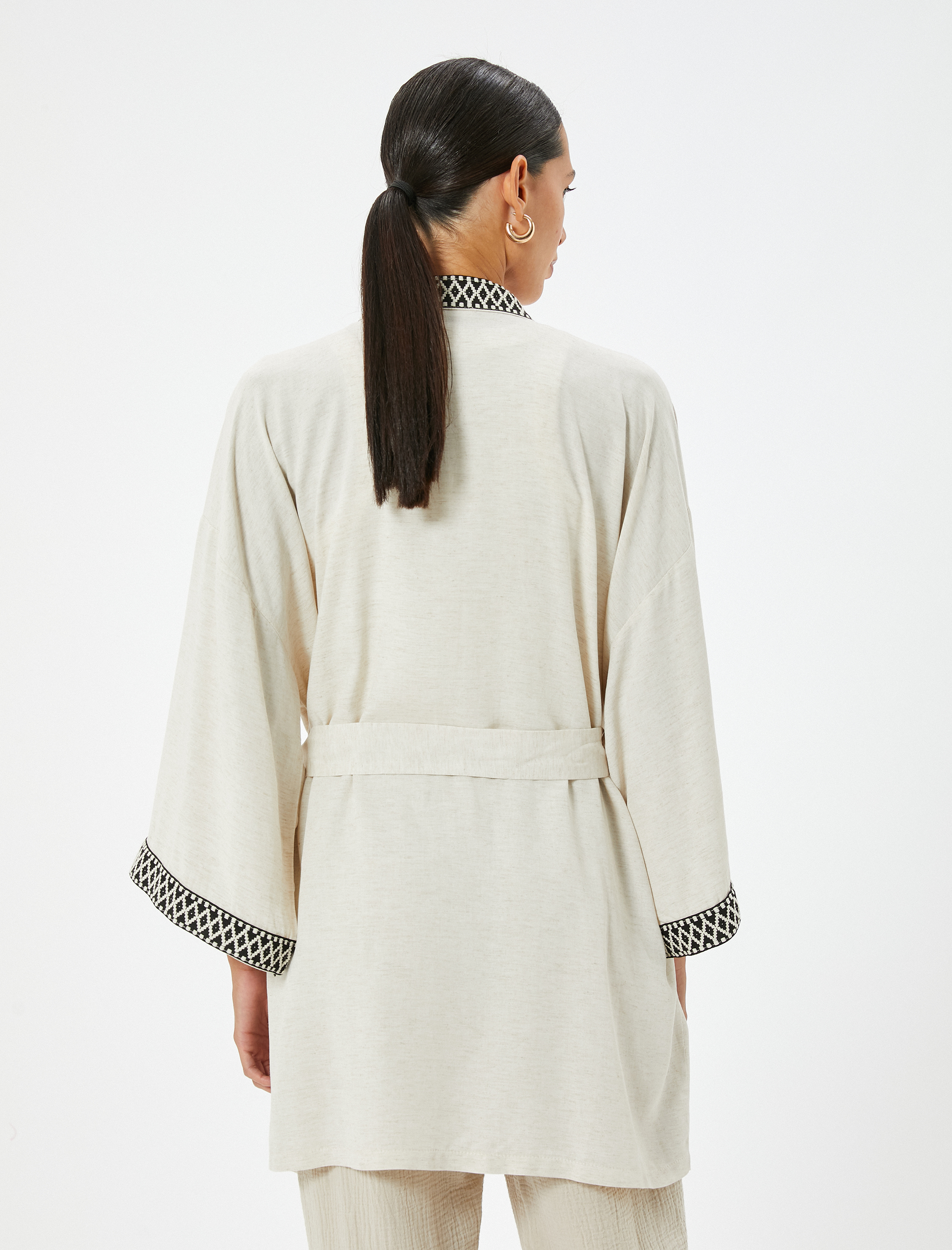Keten Viskon Karışımlı Oversize Kimono Geniş 3/4 Kol Desenli Kemer Detaylı