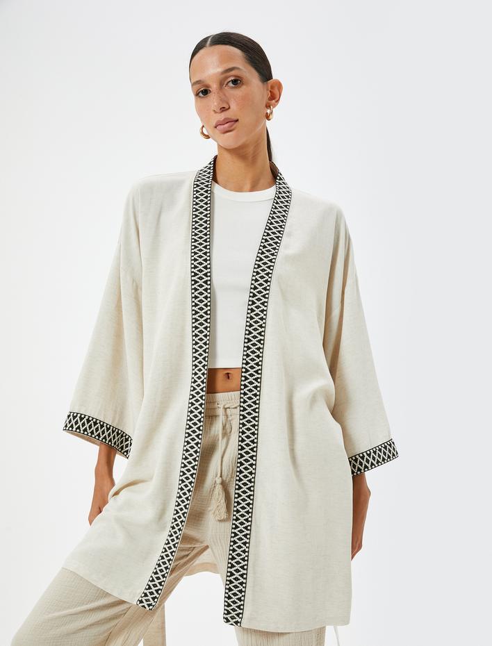  Keten Viskon Karışımlı Oversize Kimono Geniş 3/4 Kol Desenli Kemer Detaylı