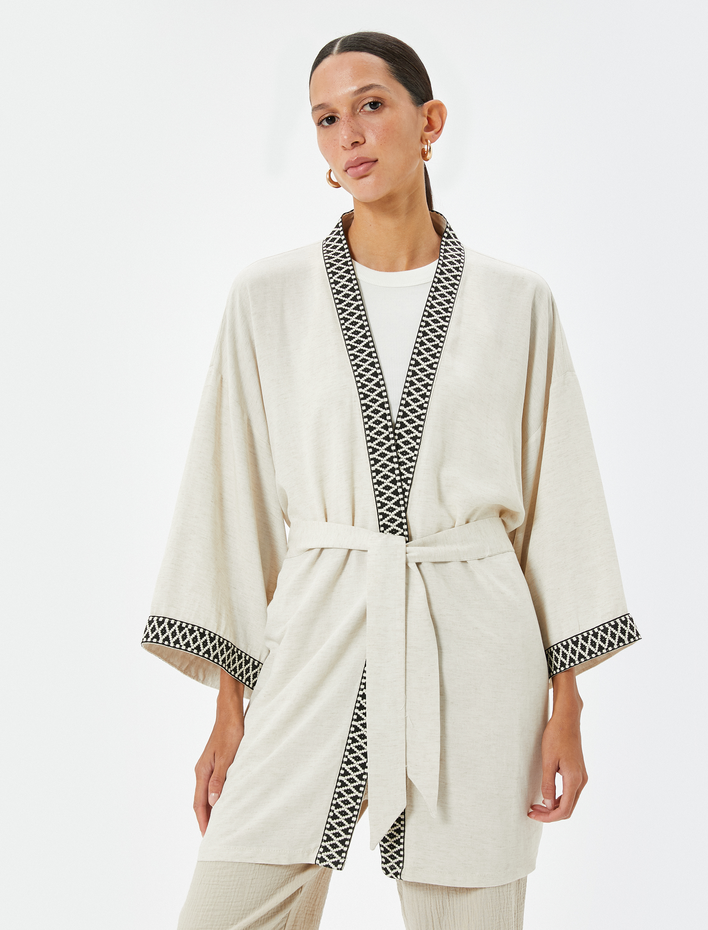 Keten Viskon Karışımlı Oversize Kimono Geniş 3/4 Kol Desenli Kemer Detaylı