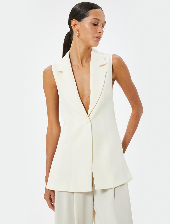  Uzun Yelek Yanları Yırtmaçlı Kemer Detaylı Kruvaze Ters Ceket Yaka