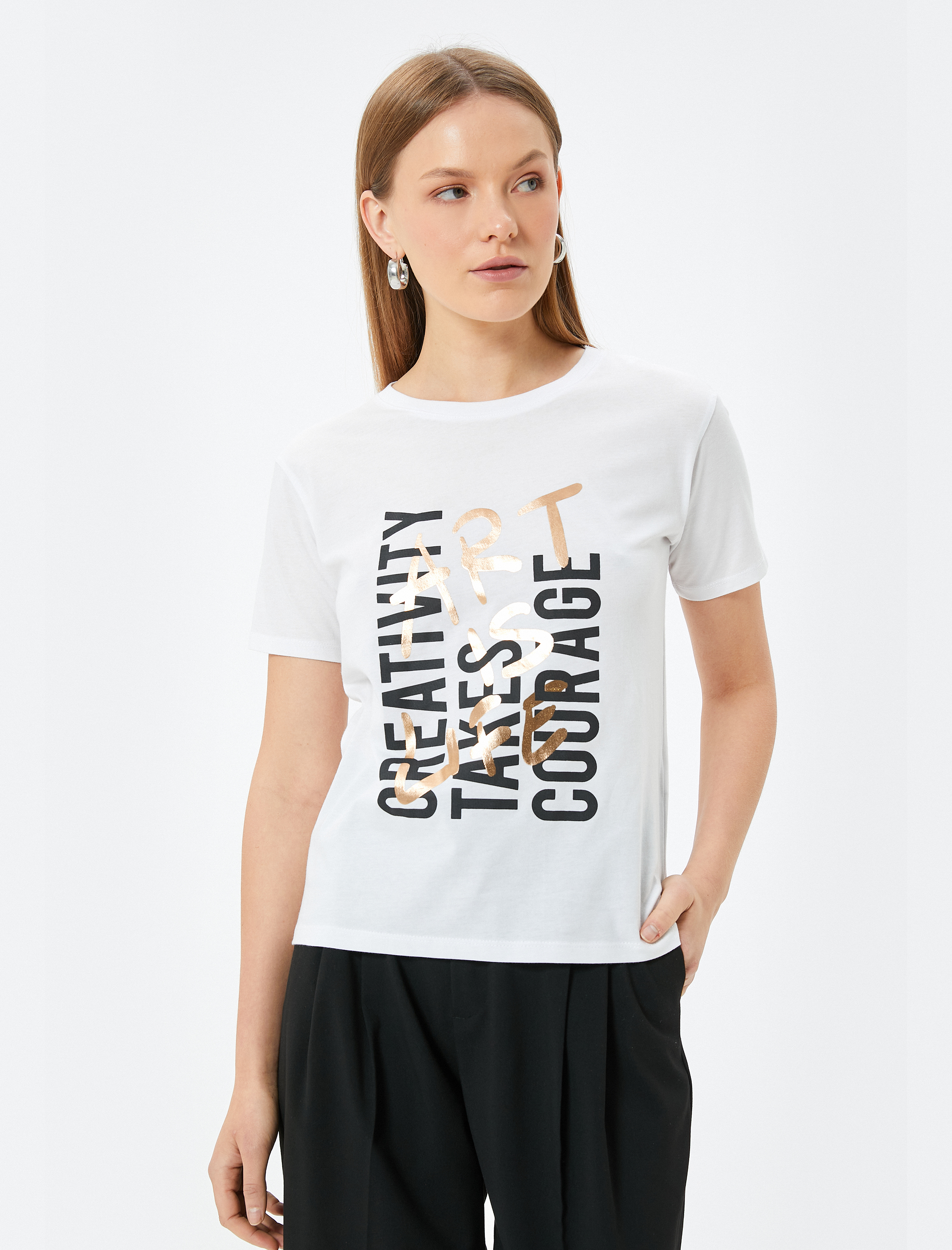   Baskılı Tişört Kısa Kollu Bisiklet Yaka Pamuklu