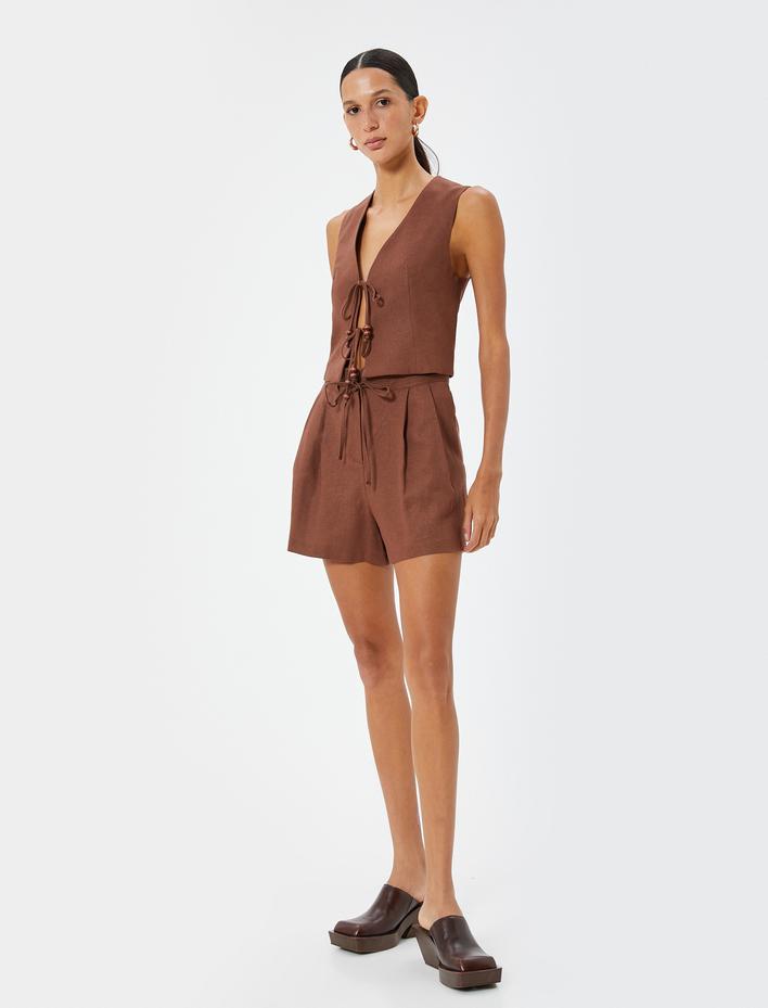  Keten Şort Cepli Pile Detaylı Standart Bel