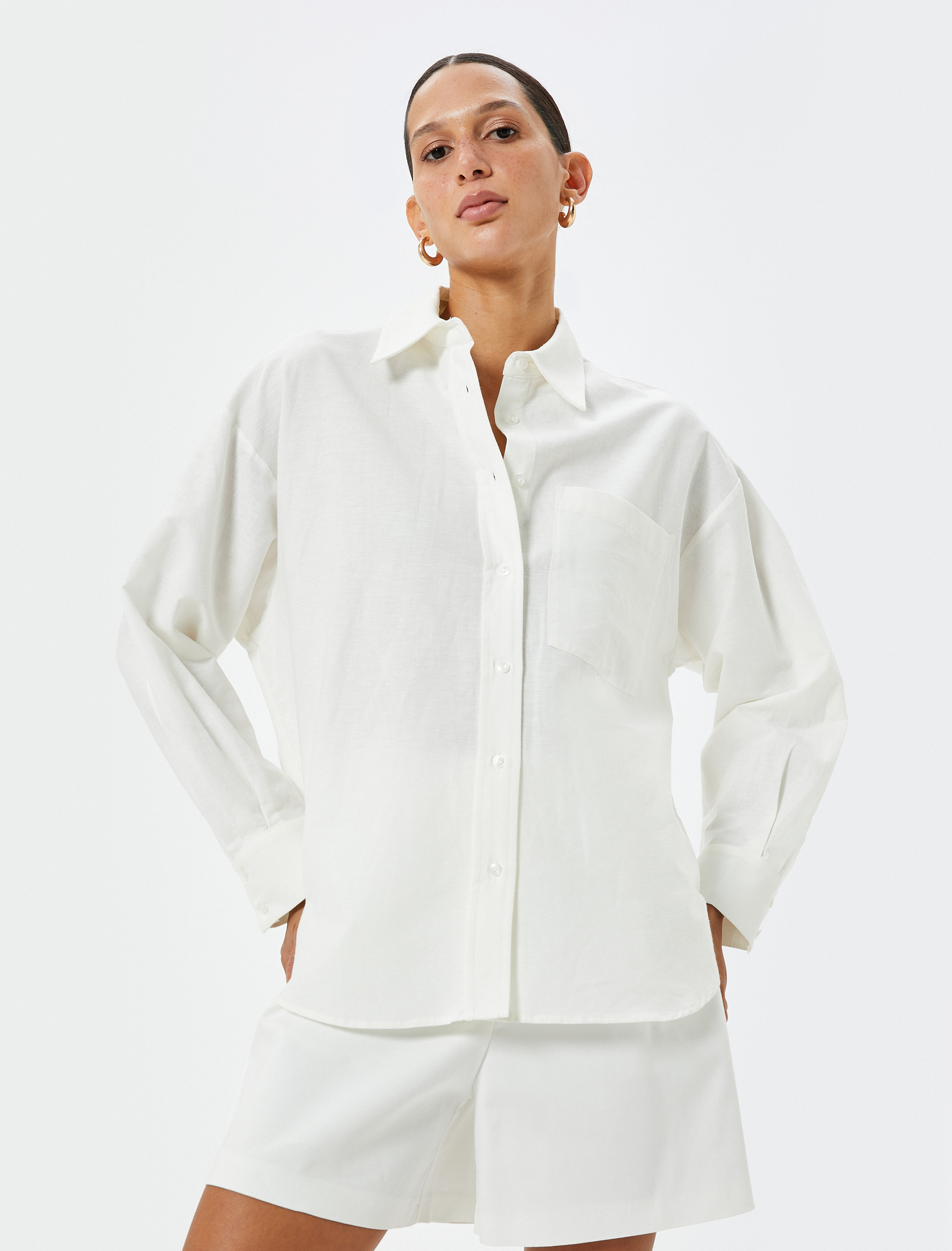   Keten Karışımlı Gömlek Uzun Kollu Cep Detaylı