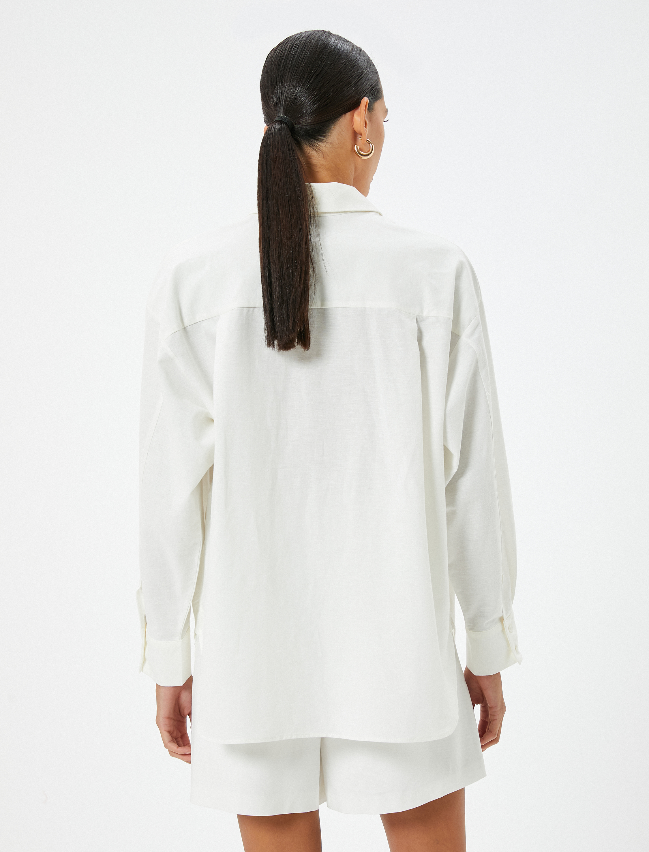   Keten Karışımlı Gömlek Uzun Kollu Cep Detaylı