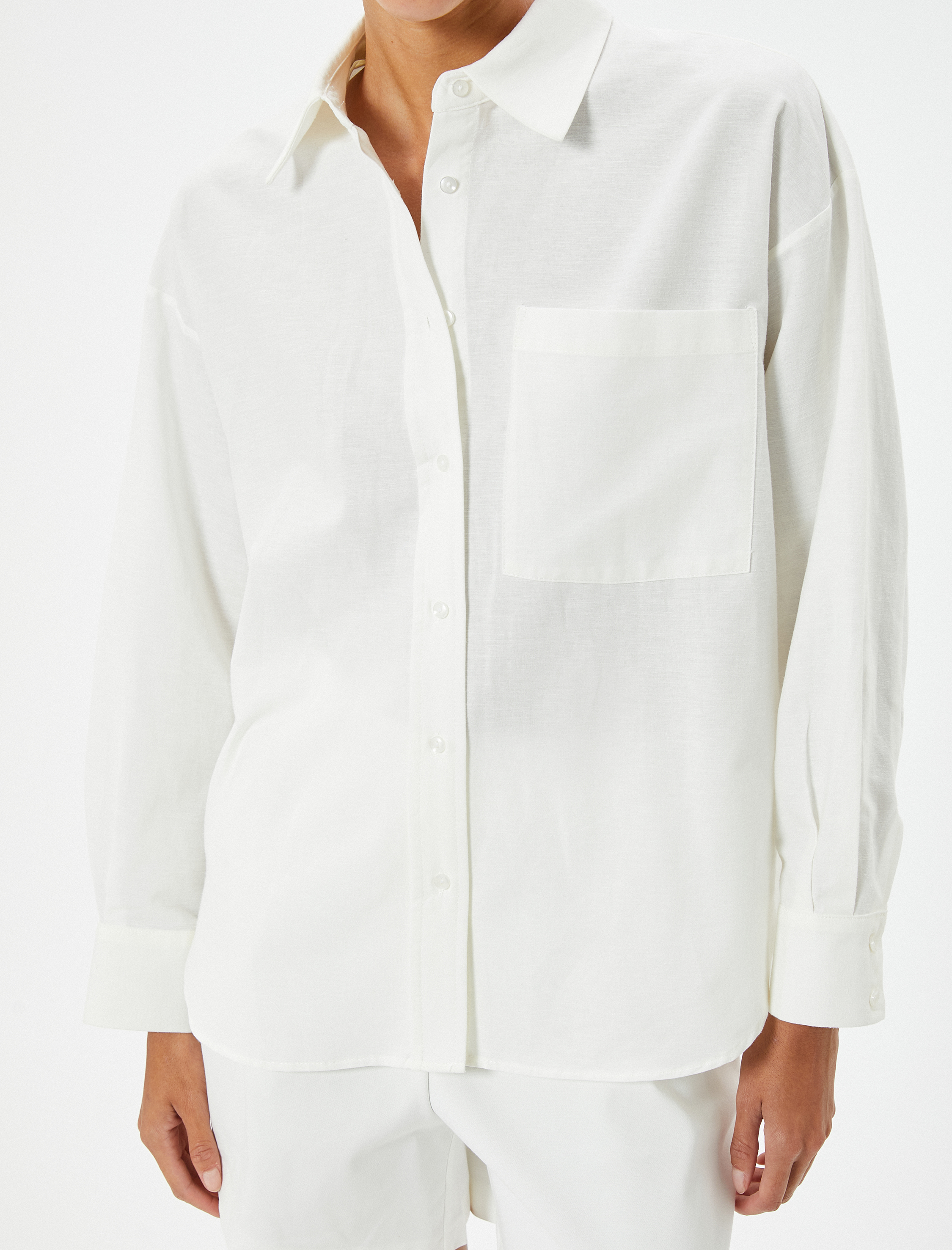   Keten Karışımlı Gömlek Uzun Kollu Cep Detaylı