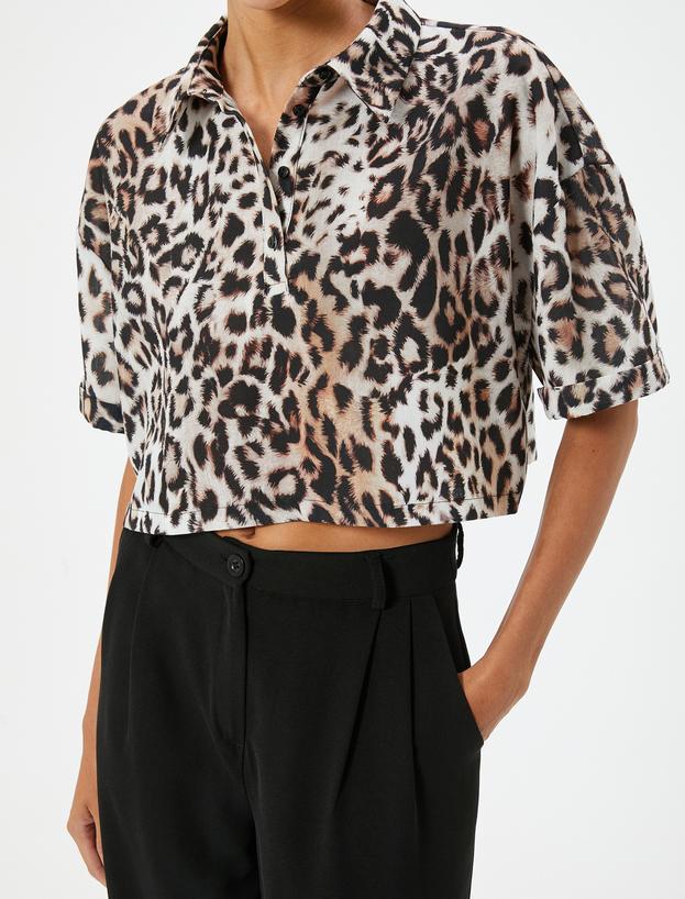 Oversize Leopar Desenli Crop Gömlek Kısa Kollu_4