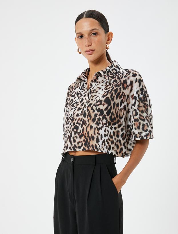 Oversize Leopar Desenli Crop Gömlek Kısa Kollu_2