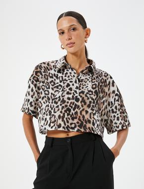 Oversize Leopar Desenli Crop Gömlek Kısa Kollu