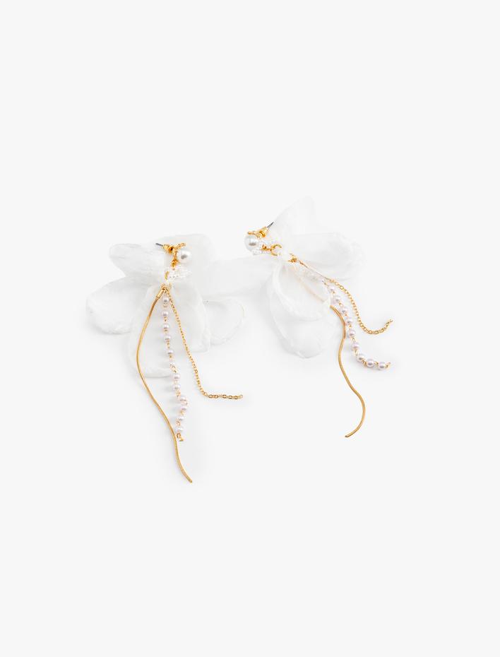 Kadın Bridal Küpe Çiçekli İnci Detaylı Uzun