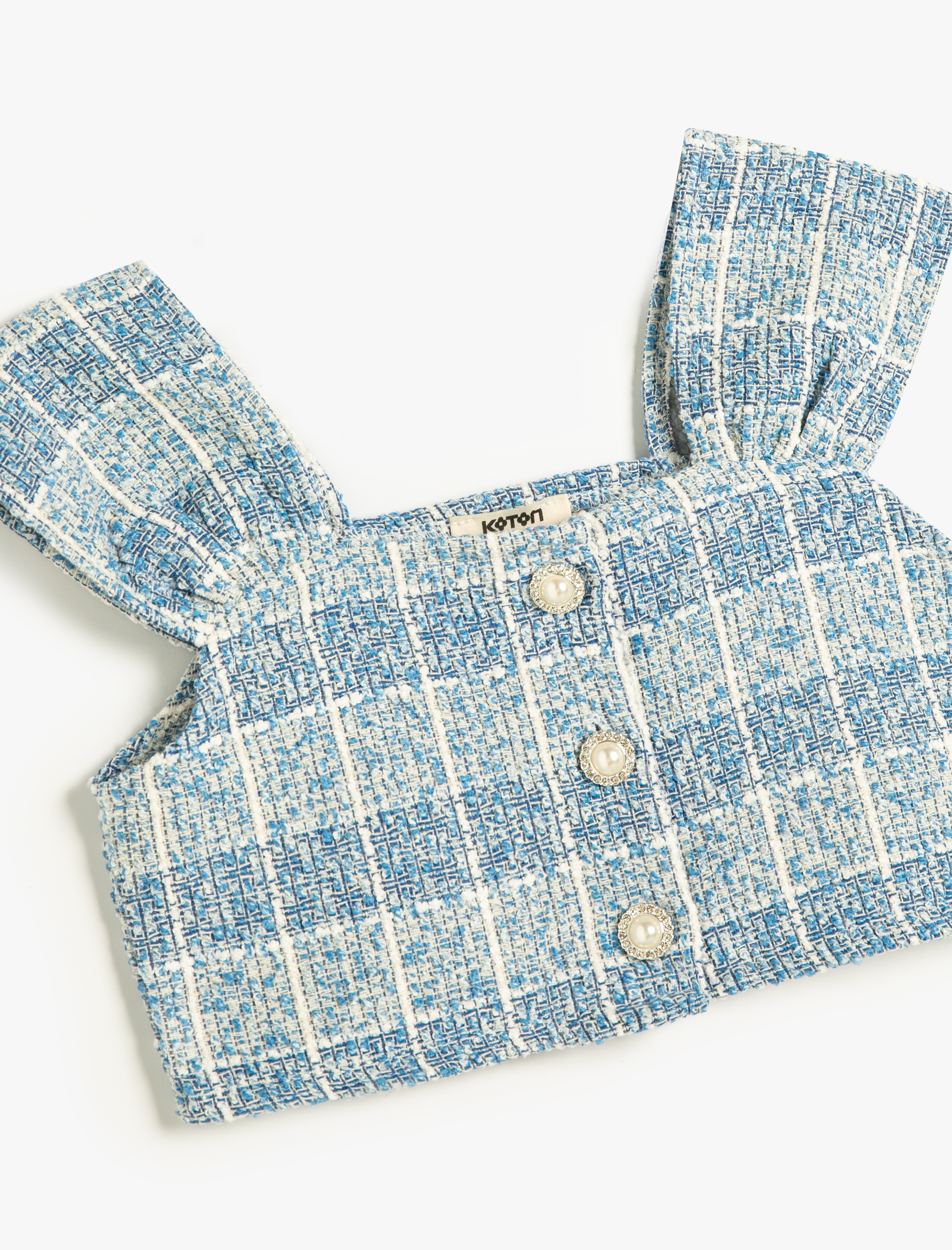  Kız Çocuk Crop Tüvit Bluz Kolsuz İnci Düğme Detaylı