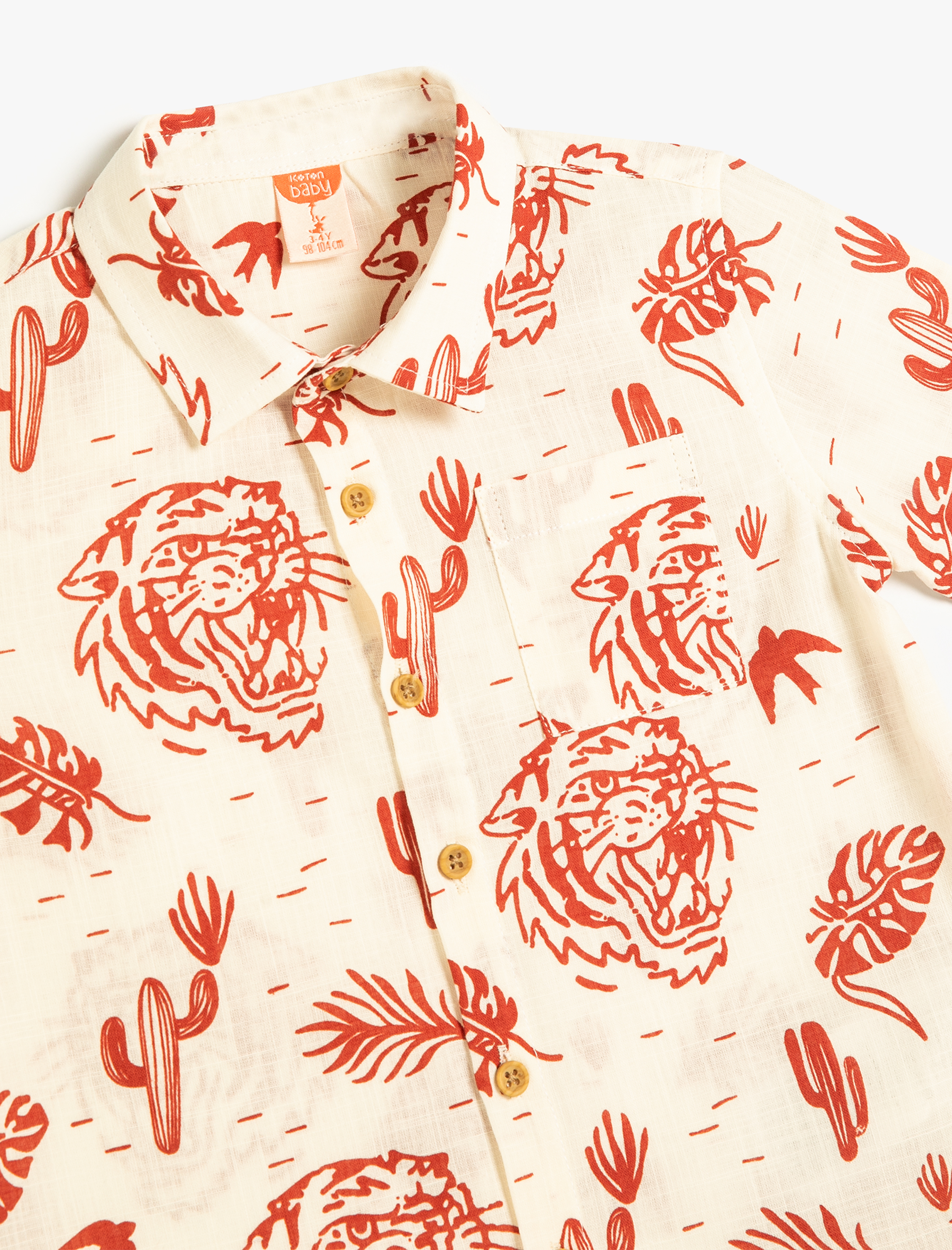  Erkek Bebek Gömlek Kısa Kollu Kaplan Baskılı Cep Detaylı Pamuklu