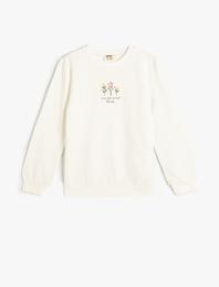 Sweatshirt Uzun Kollu Bisiklet Yaka Çiçek Baskılı Pamuklu Şardonlu