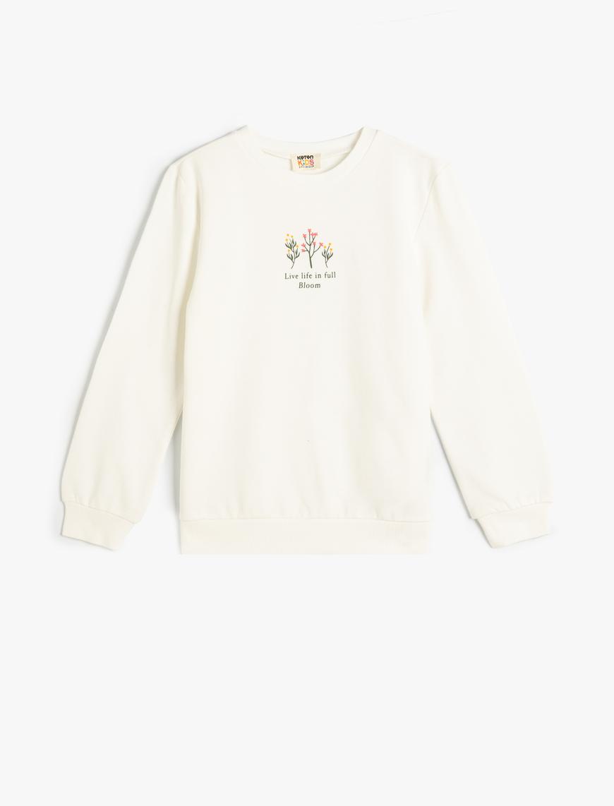  Kız Çocuk Sweatshirt Uzun Kollu Bisiklet Yaka Çiçek Baskılı Pamuklu Şardonlu