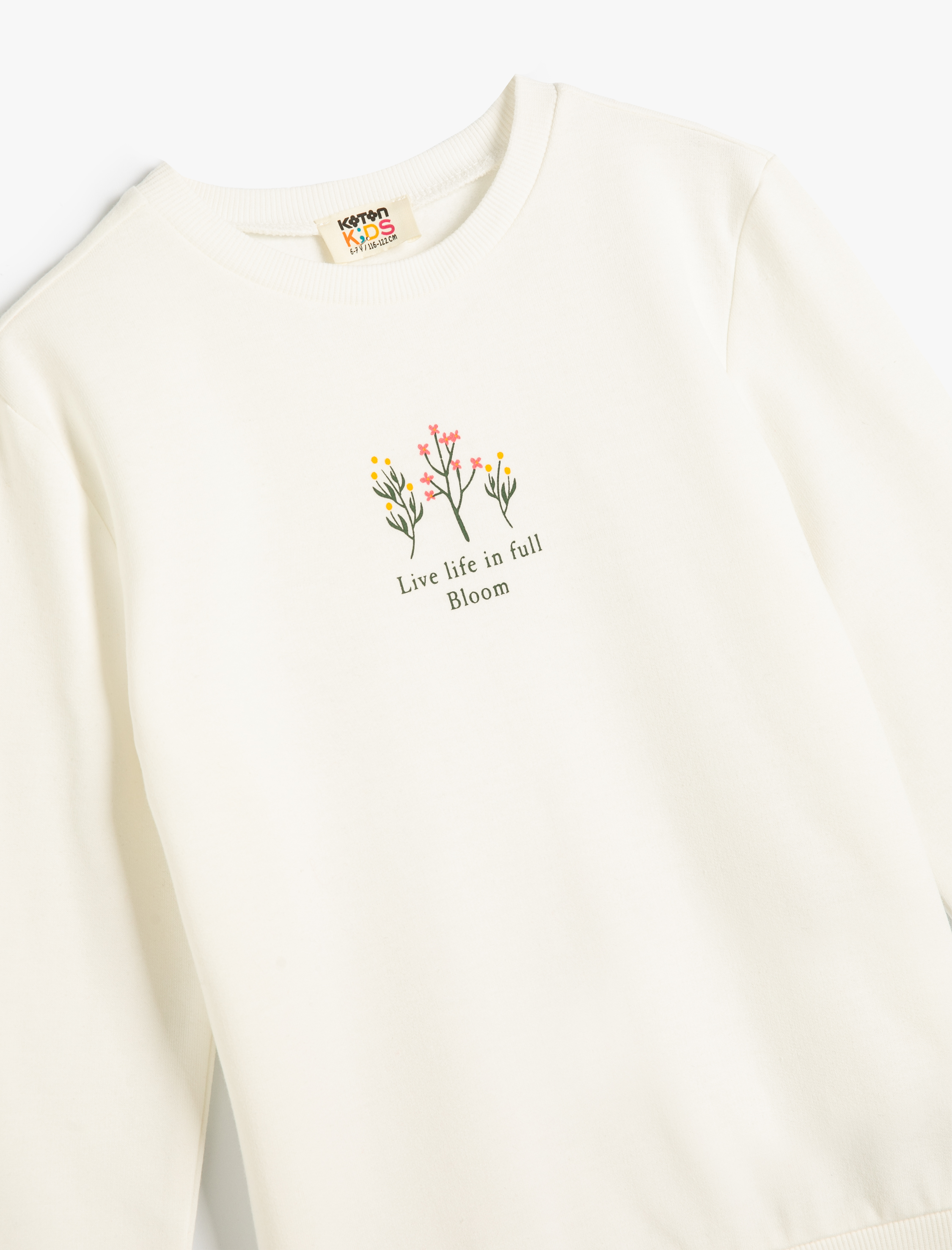  Kız Çocuk Sweatshirt Uzun Kollu Bisiklet Yaka Çiçek Baskılı Pamuklu Şardonlu