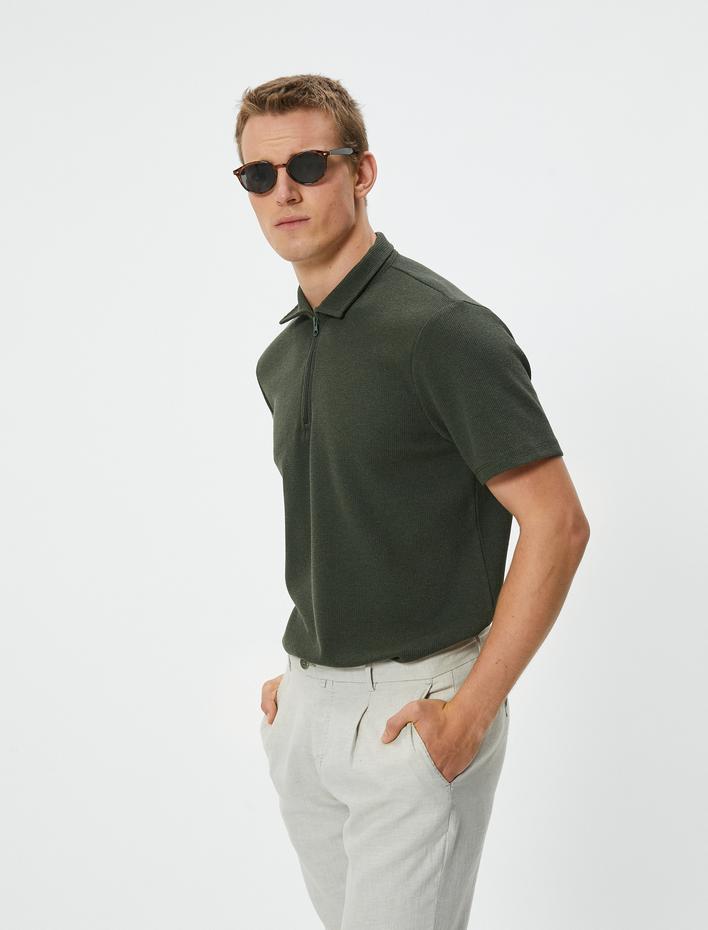  Yarım Fermuarlı Polo Tişört Kısa Kollu Dokulu