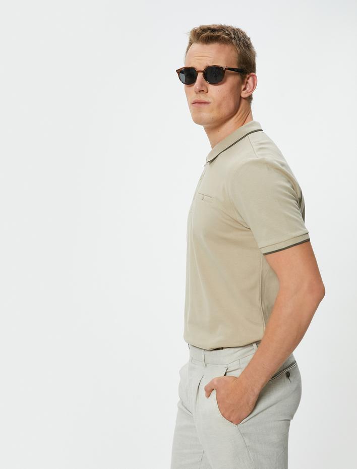  Polo Yaka Tişört Slim Fit Düğmeli Kısa Kollu Biyeli