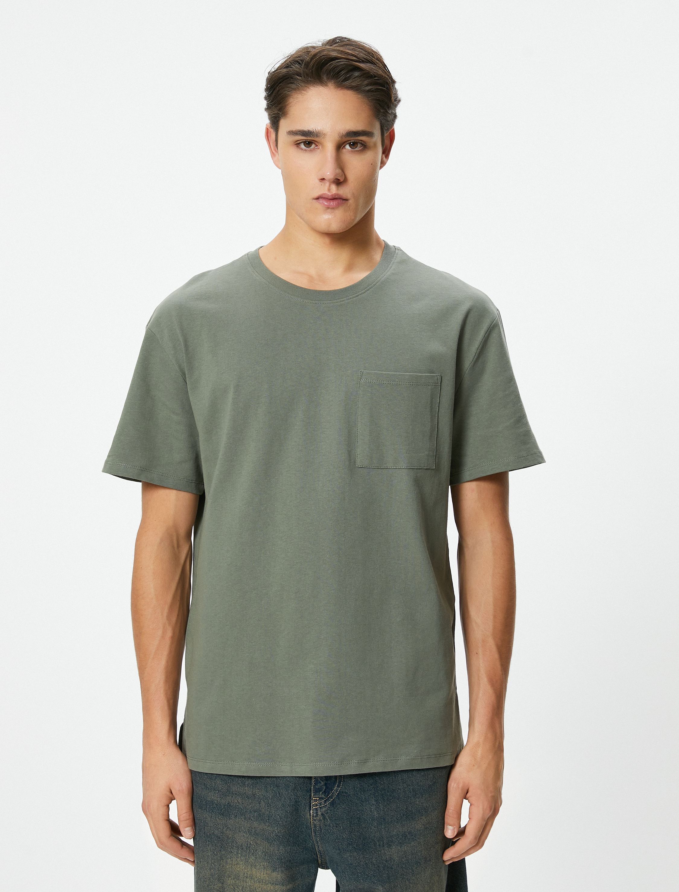   Oversize Tişört Cep Detaylı Bisiklet Yaka Kısa Kollu Pamuklu