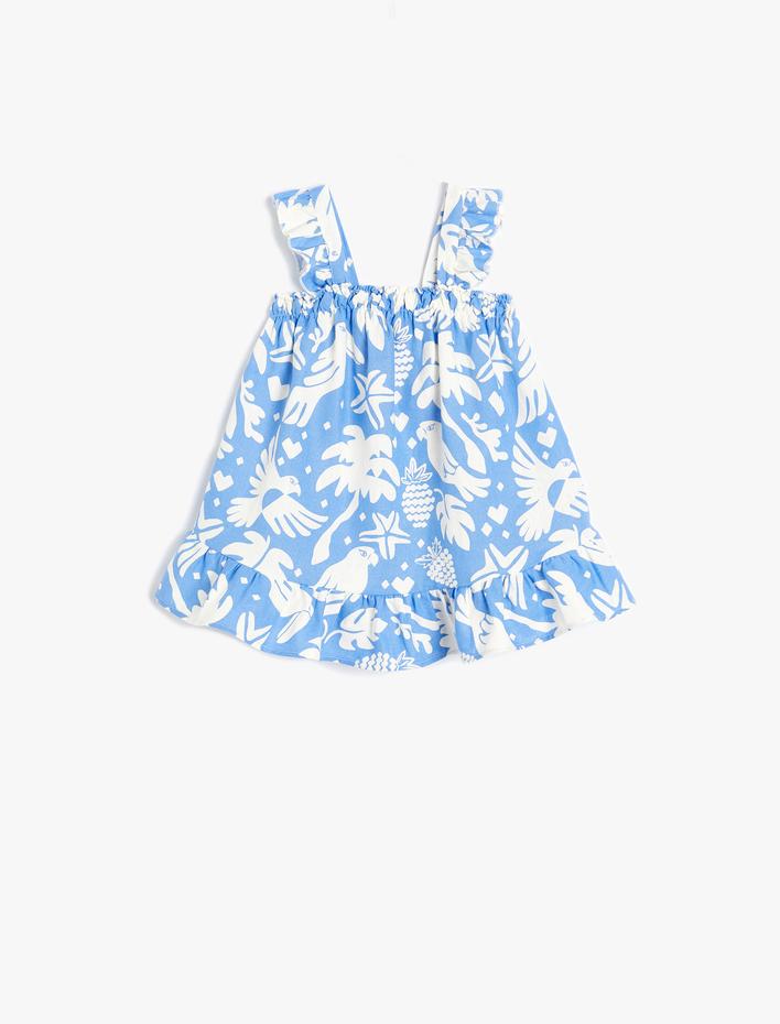 Kız Bebek Askılı Keten Elbise Fırfırlı Çiçek Desenli