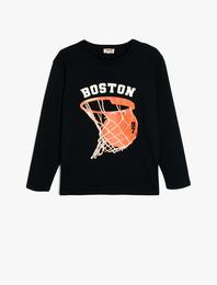 Tişört Uzun Kollu Bisiklet Yaka Basketbol Baskılı Pamuklu