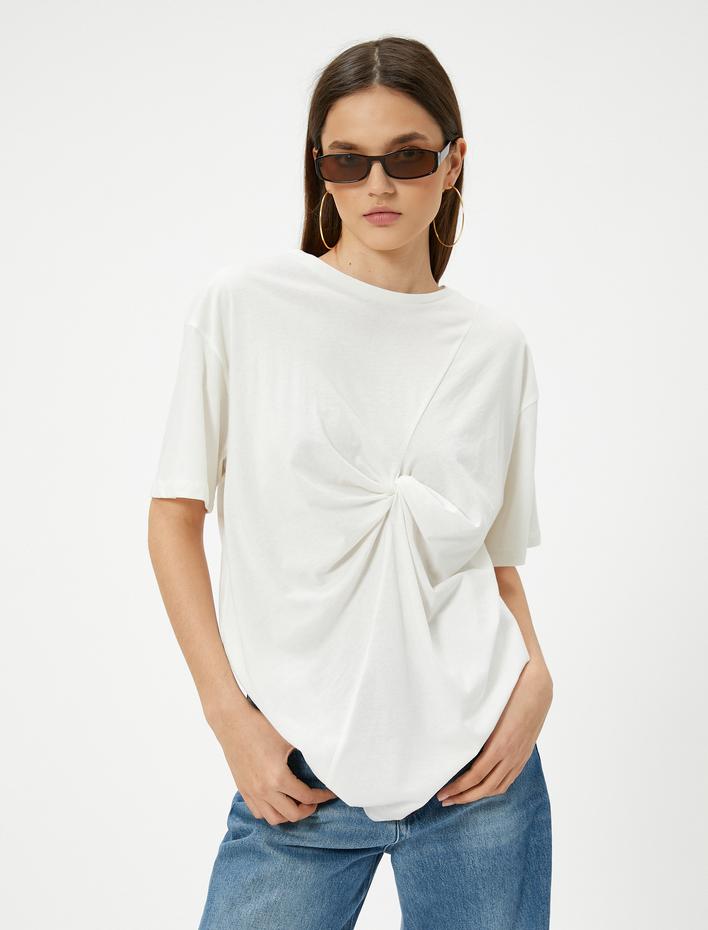  Düğüm Detaylı Tişört Kısa Kollu Bisiklet Yaka Uzun Rahat Kalıp