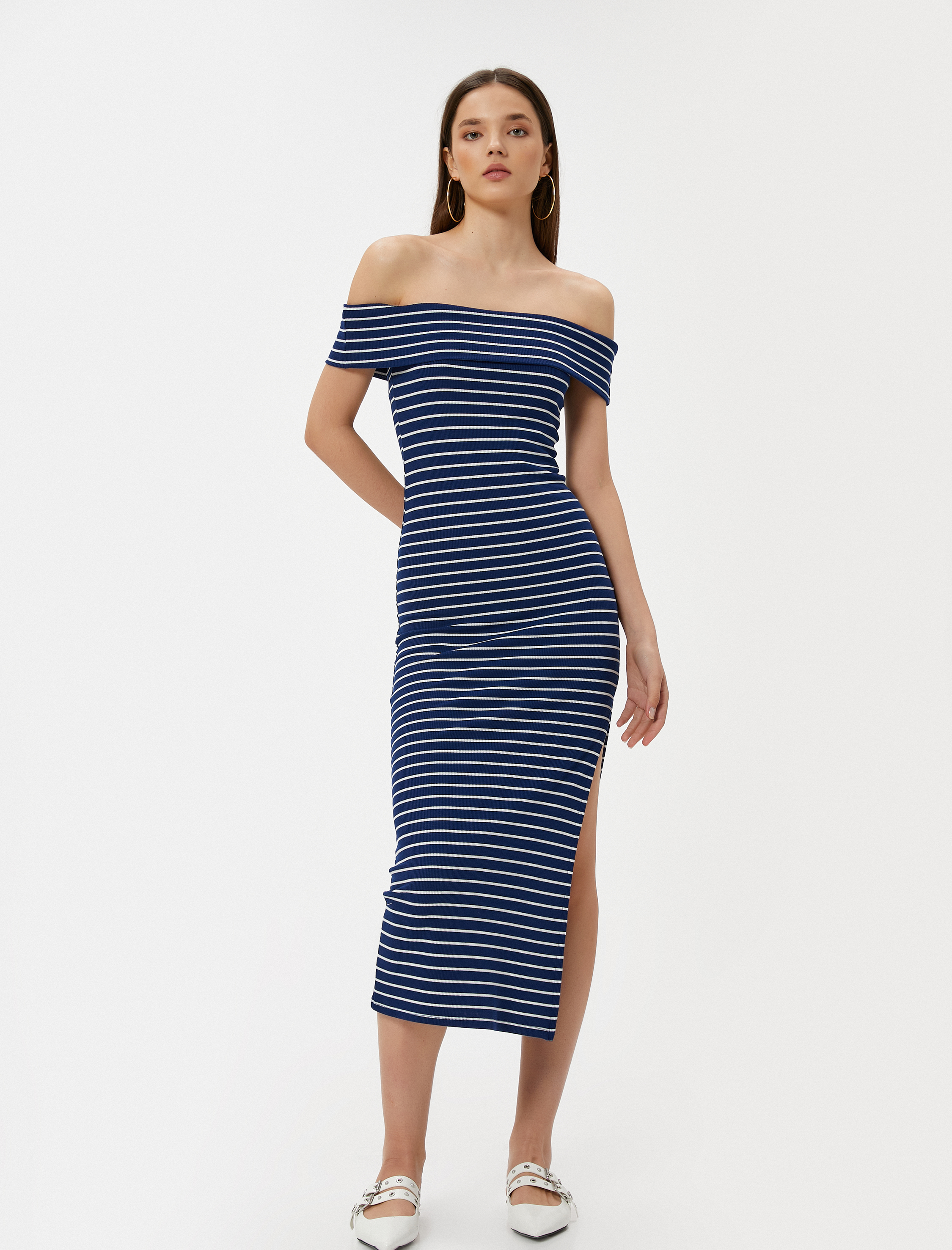 Koton Kadın Madonna Yaka Omzu Açık Kalem Elbise Midi Boy Yırtmaç Detaylı Slim Fit -1