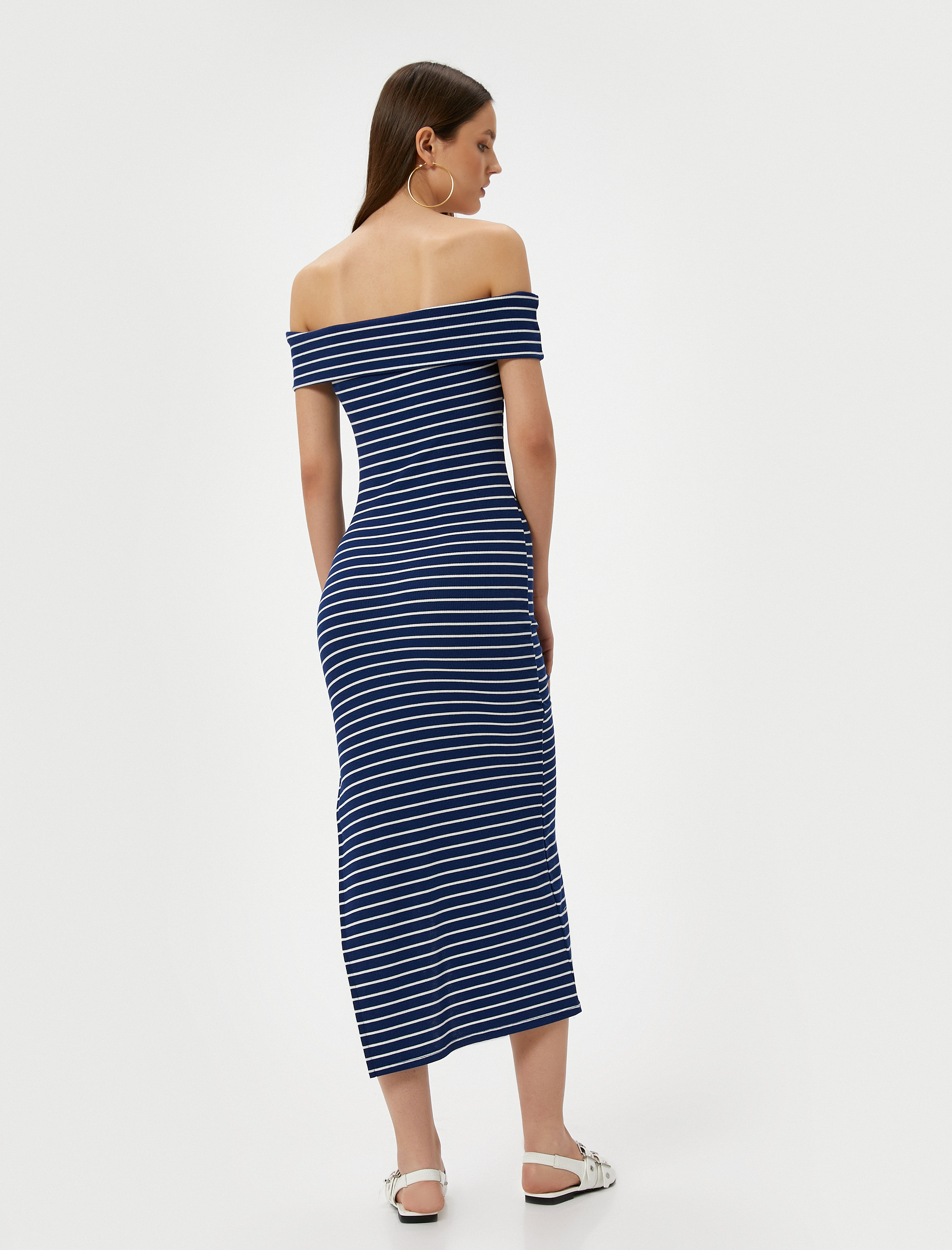   Madonna Yaka Omzu Açık Kalem Elbise Midi Boy Yırtmaç Detaylı Slim Fit