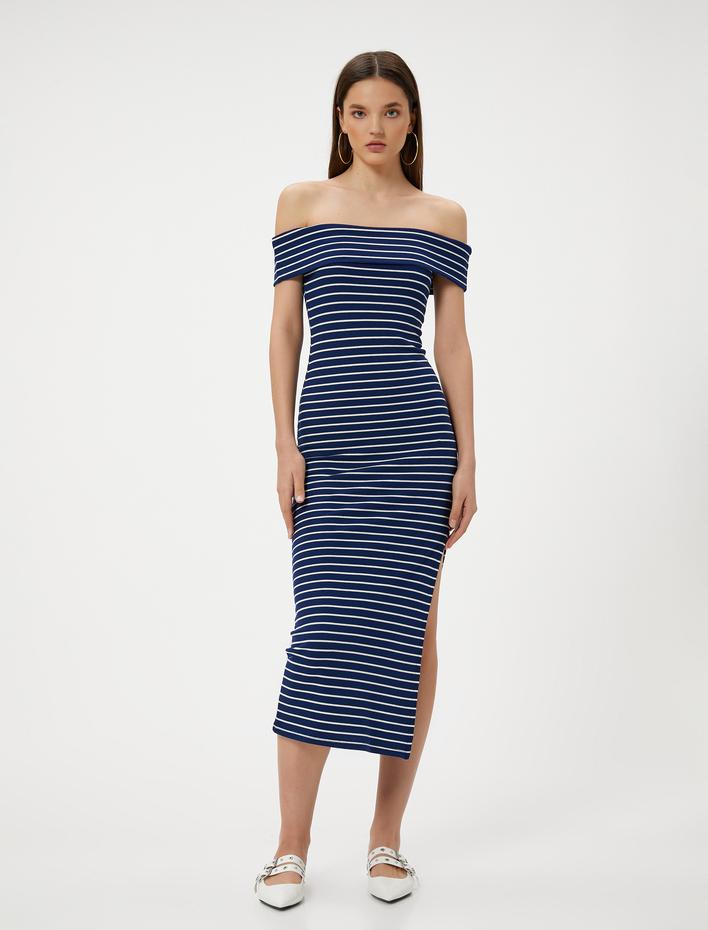  Madonna Yaka Omzu Açık Kalem Elbise Midi Boy Yırtmaç Detaylı Slim Fit