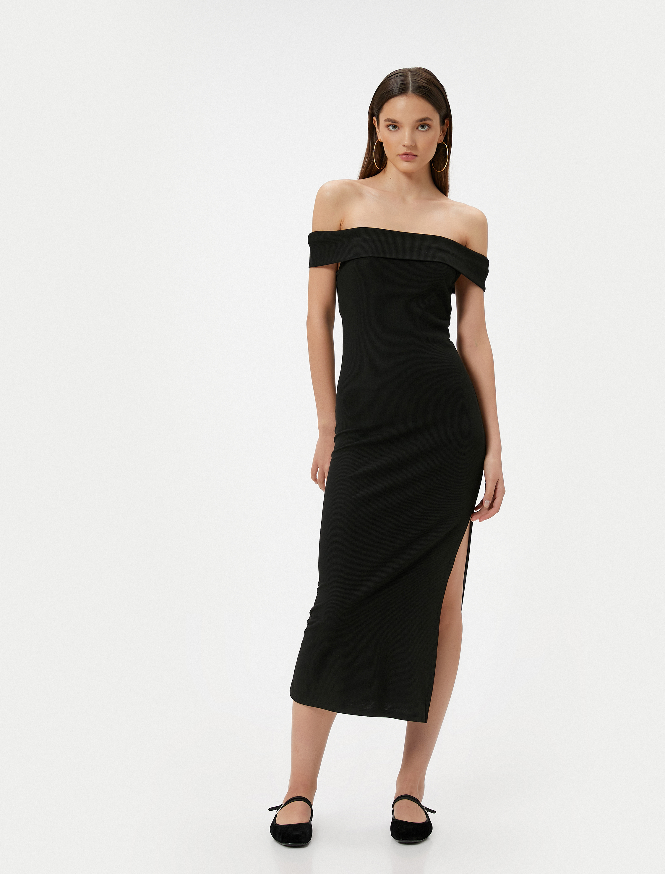   Madonna Yaka Omzu Açık Kalem Elbise Midi Boy Yırtmaç Detaylı Slim Fit