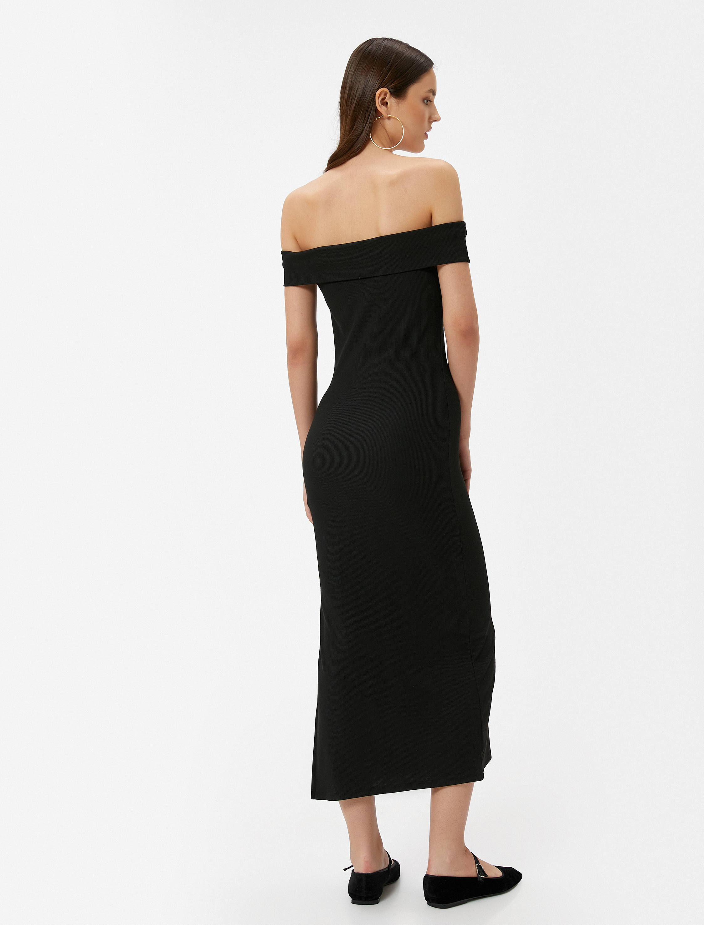   Madonna Yaka Omzu Açık Kalem Elbise Midi Boy Yırtmaç Detaylı Slim Fit