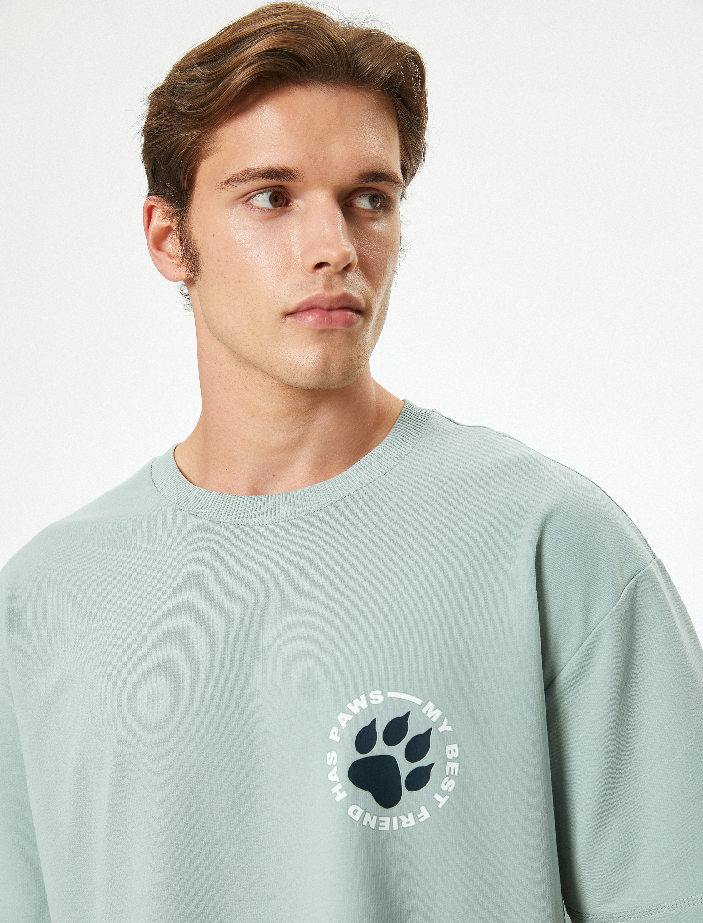 Koton Erkek Oversize T-Shirt Slogan Baskılı Kısa Kollu Bisiklet Yaka Pamuklu