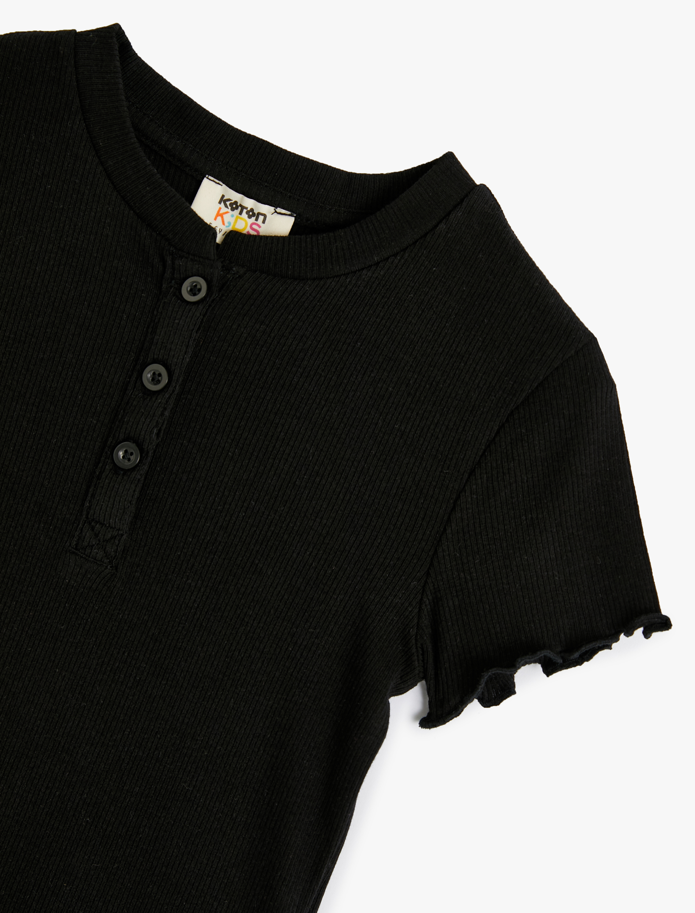  Kız Çocuk Tişört Kısa Kollu Yuvarlak Yaka Düğme Detaylı Ribanalı Pamuklu