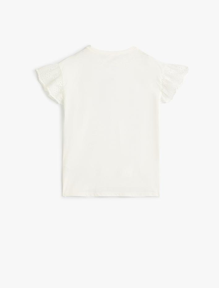 Kız Çocuk Tişört Bisiklet Yaka Çiçek İşlemeli Fisto Detaylı Pamuklu