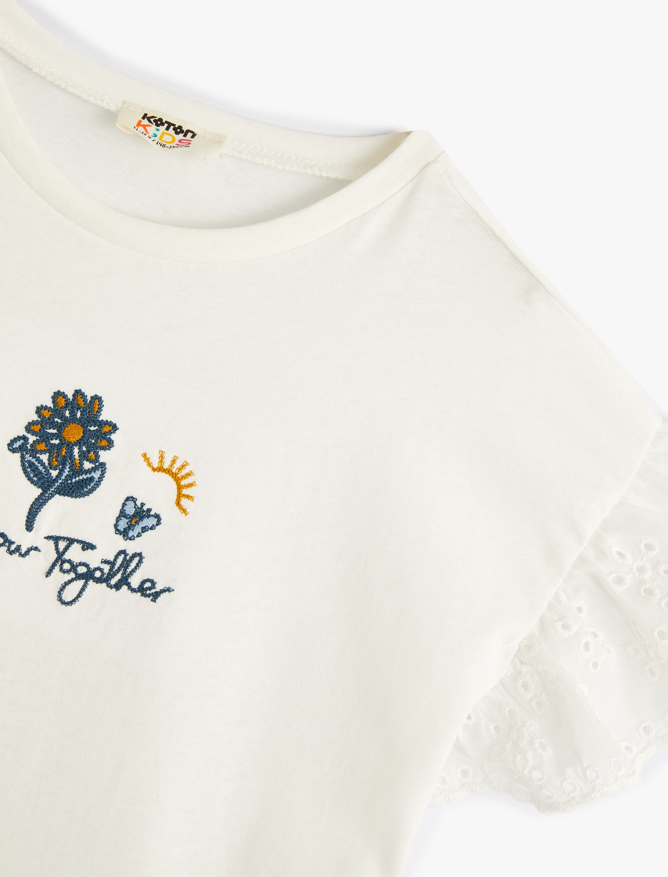  Kız Çocuk Tişört Bisiklet Yaka Çiçek İşlemeli Fisto Detaylı Pamuklu