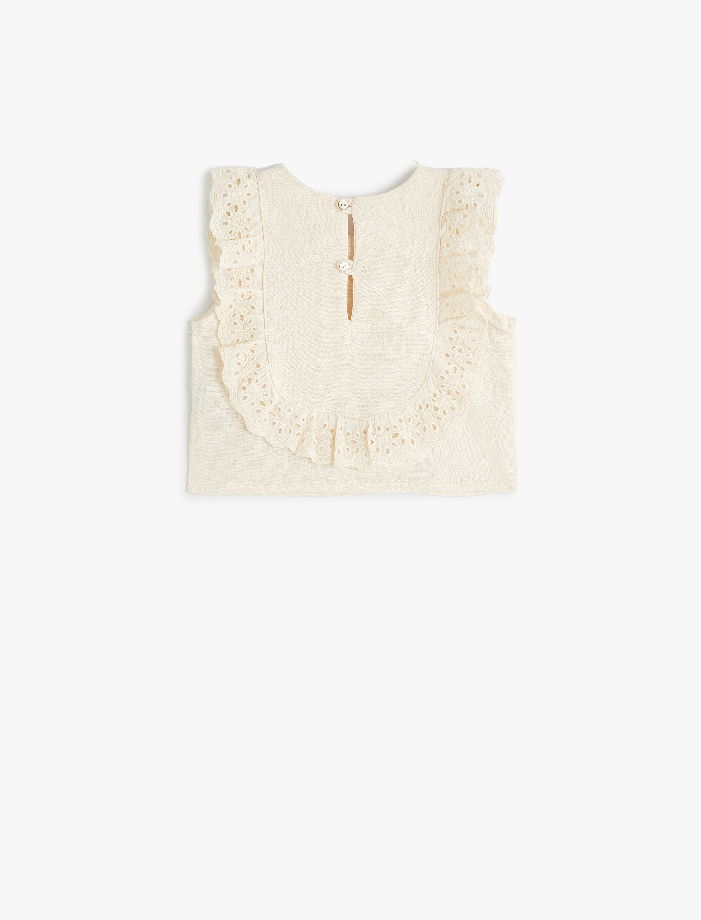  Kız Bebek Keten Bluz Kolsuz Yuvarlak Yaka Fırfırlı Fisto Detaylı