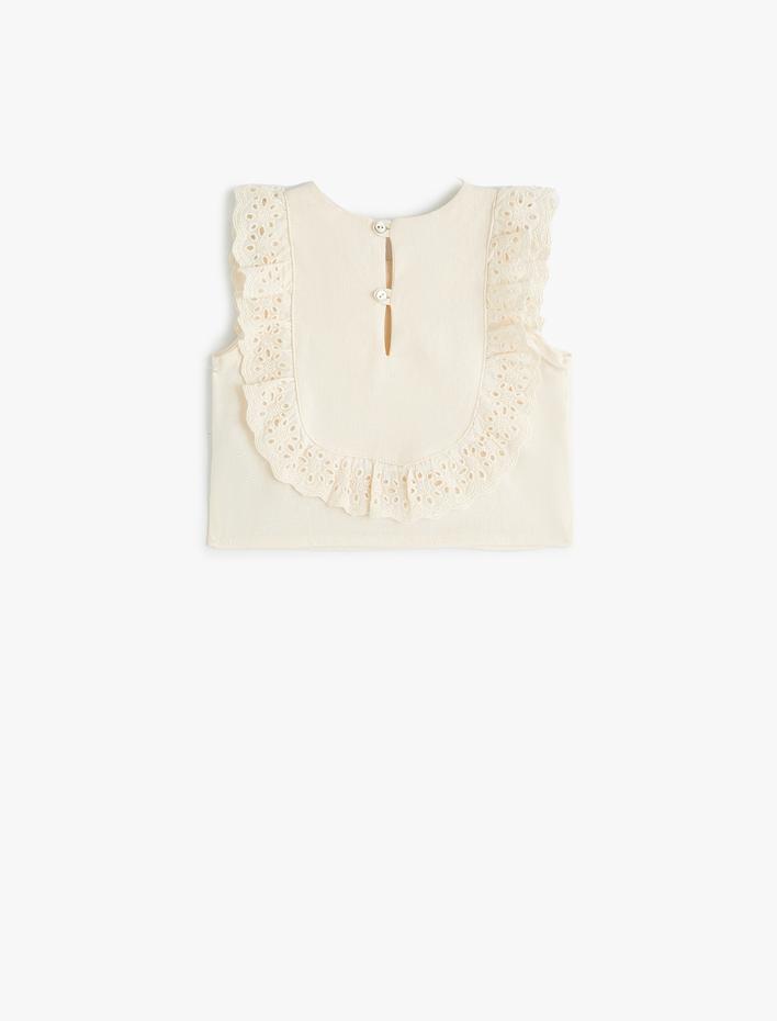 Kız Bebek Keten Bluz Kolsuz Yuvarlak Yaka Fırfırlı Fisto Detaylı