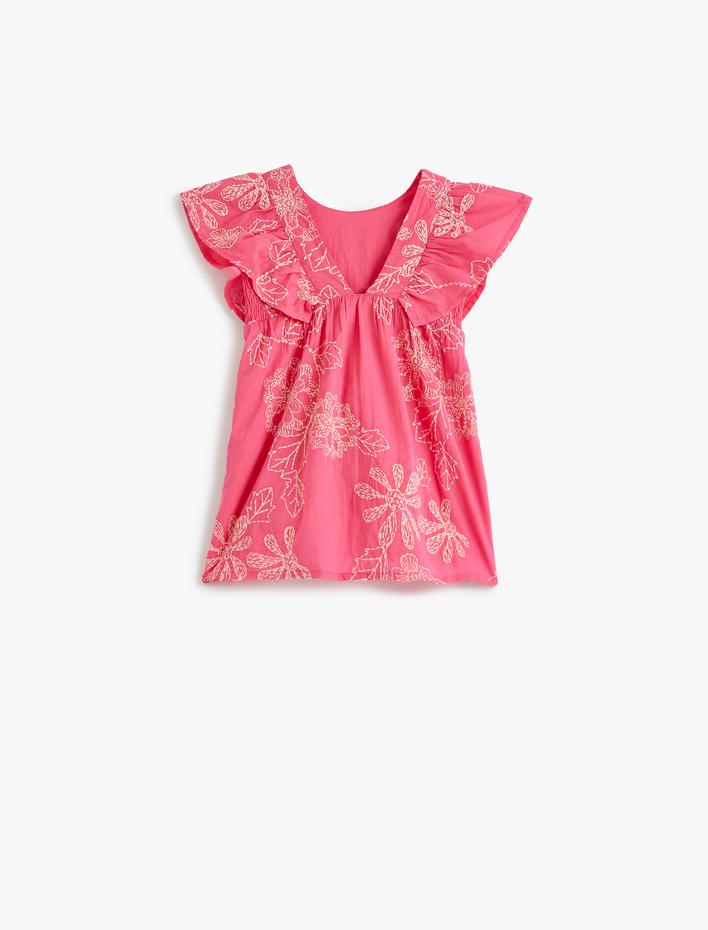 Kız Bebek Elbise Çiçek İşlemeli Kolsuz Fırfır Detaylı Yuvarlak Yaka Pamuklu