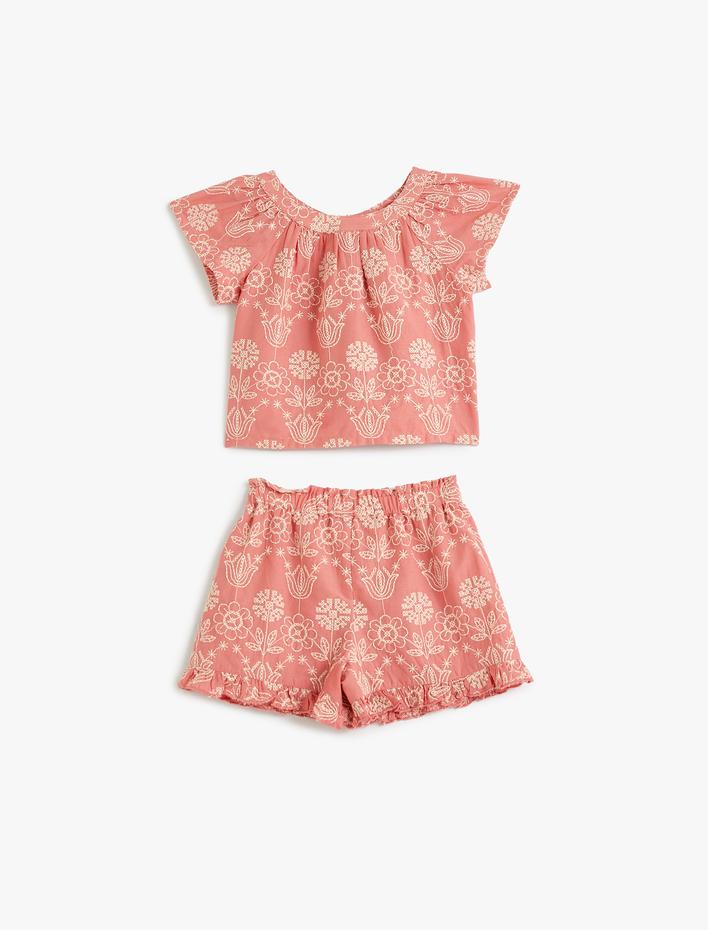 Kız Bebek Çiçek İşlemeli Şort Tişört Takım Pamuklu
