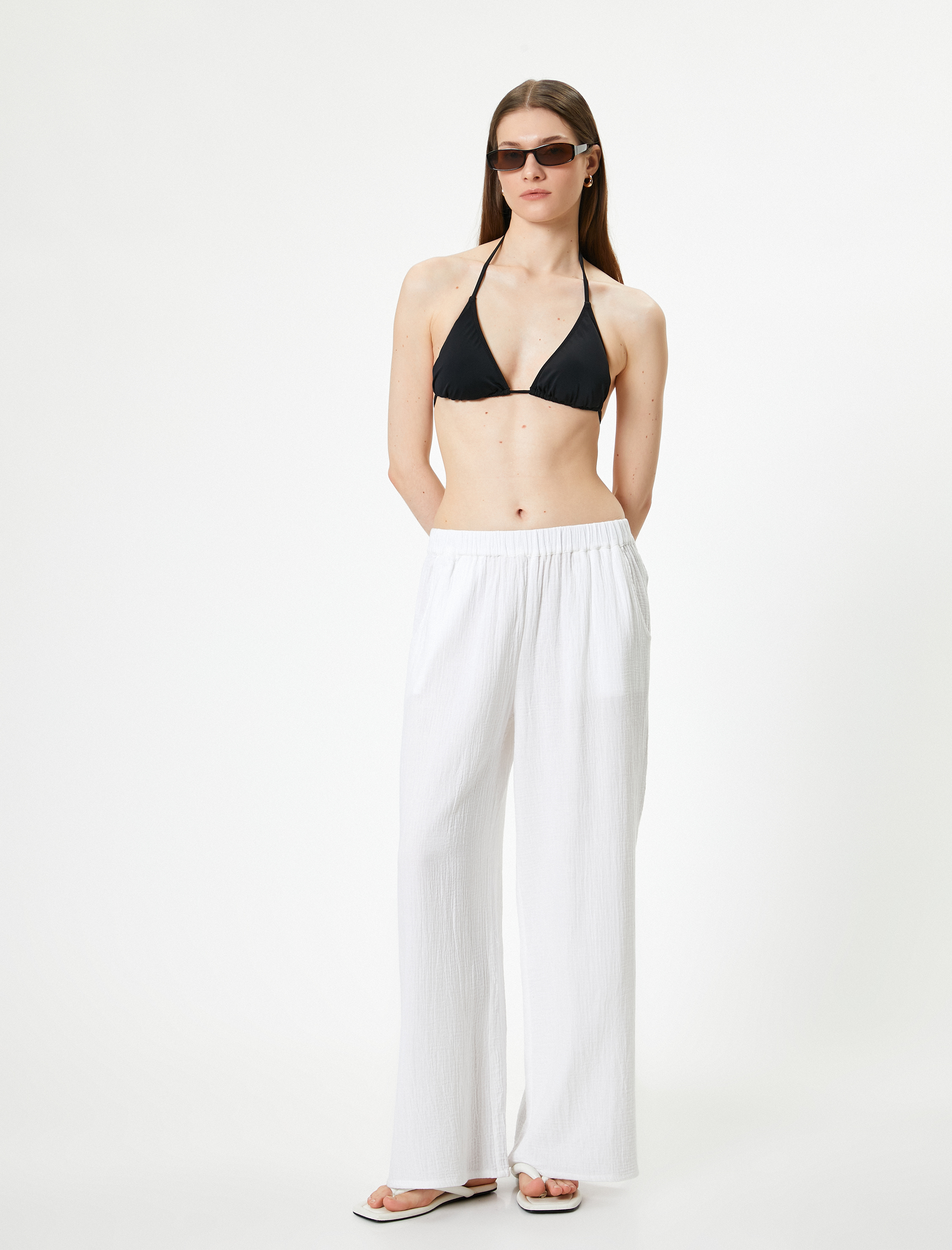 Bol Paça Pantolon Beli Bağlamalı Cepli Dokulu