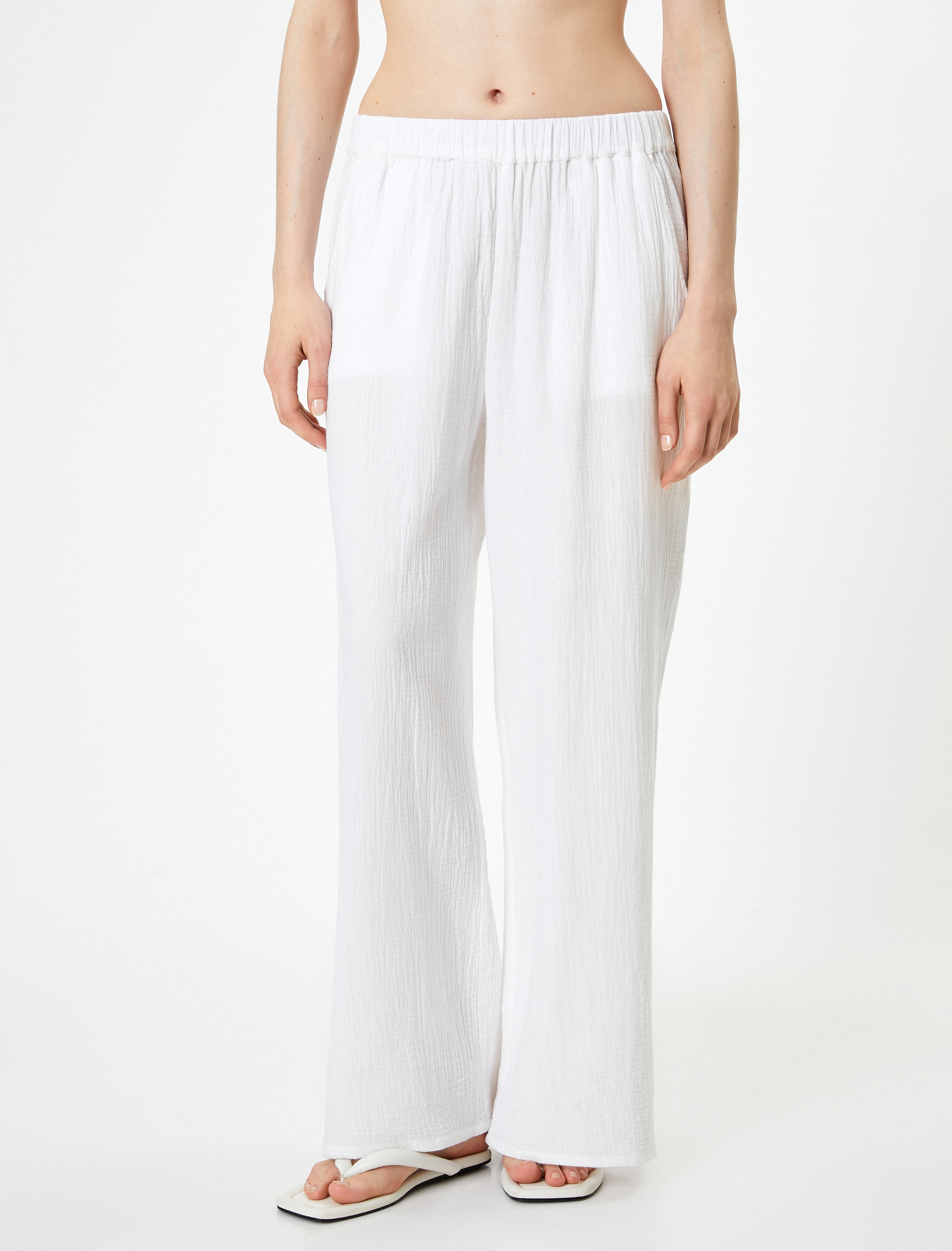 Bol Paça Pantolon Beli Bağlamalı Cepli Dokulu