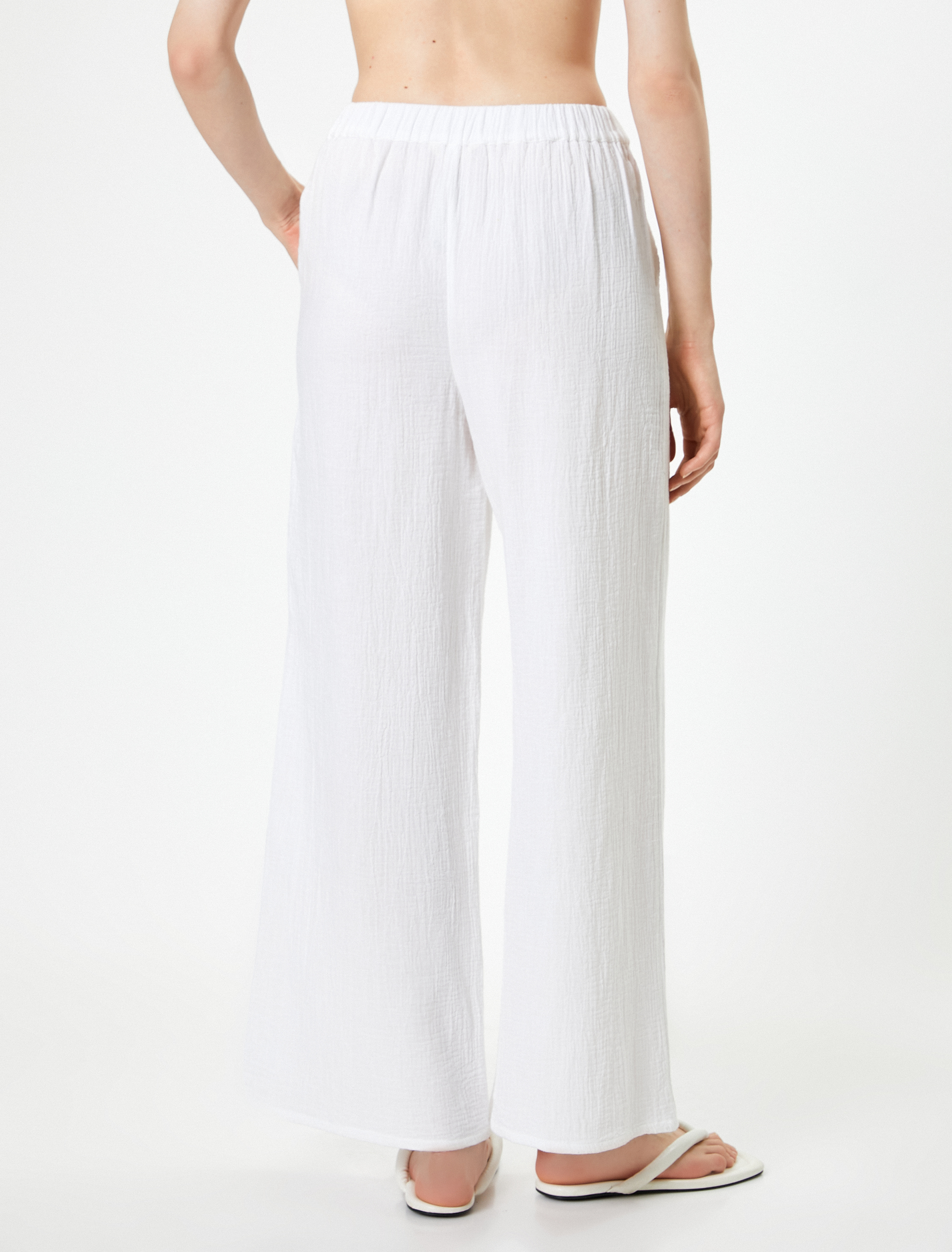 Bol Paça Pantolon Beli Bağlamalı Cepli Dokulu