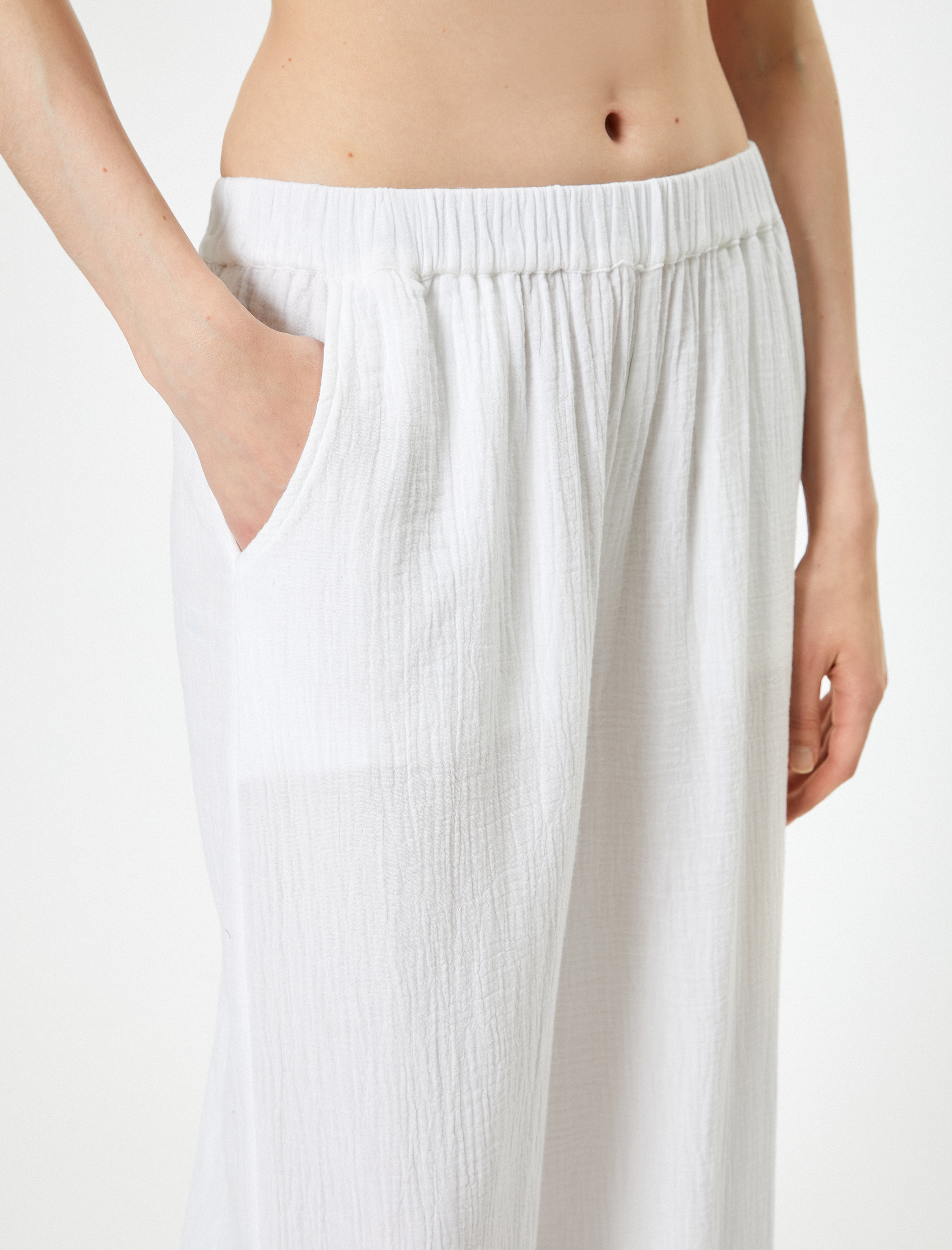 Bol Paça Pantolon Beli Bağlamalı Cepli Dokulu