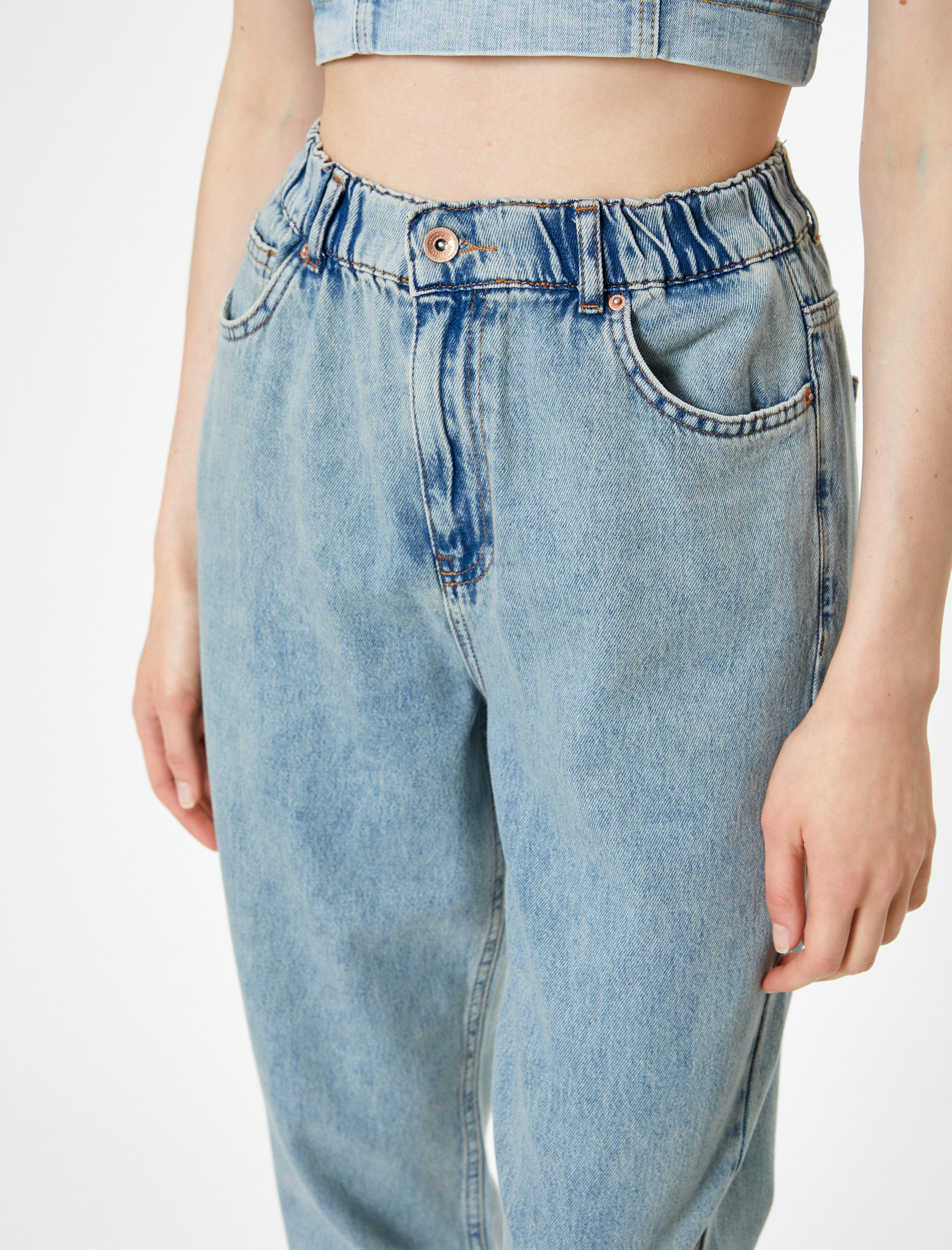 Yüksek Bel Kot Pantolon Kısa Paça Lastikli - Mom Jean