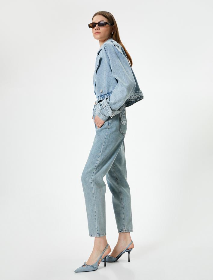  Yüksek Bel Kot Pantolon Kısa Paça Lastikli - Mom Jean